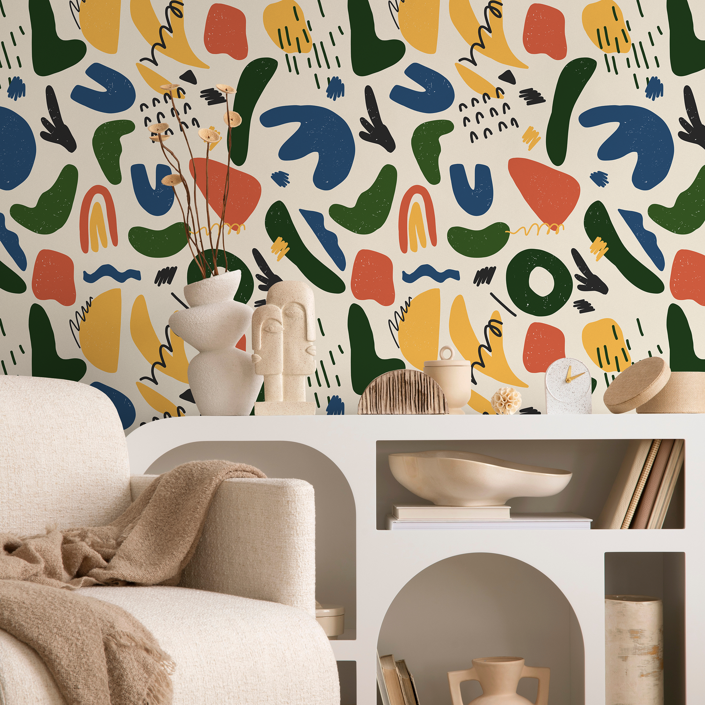 Abstract Wallpaper With Colorful Organic Shapes In Blue, Green, And Yellow - B881