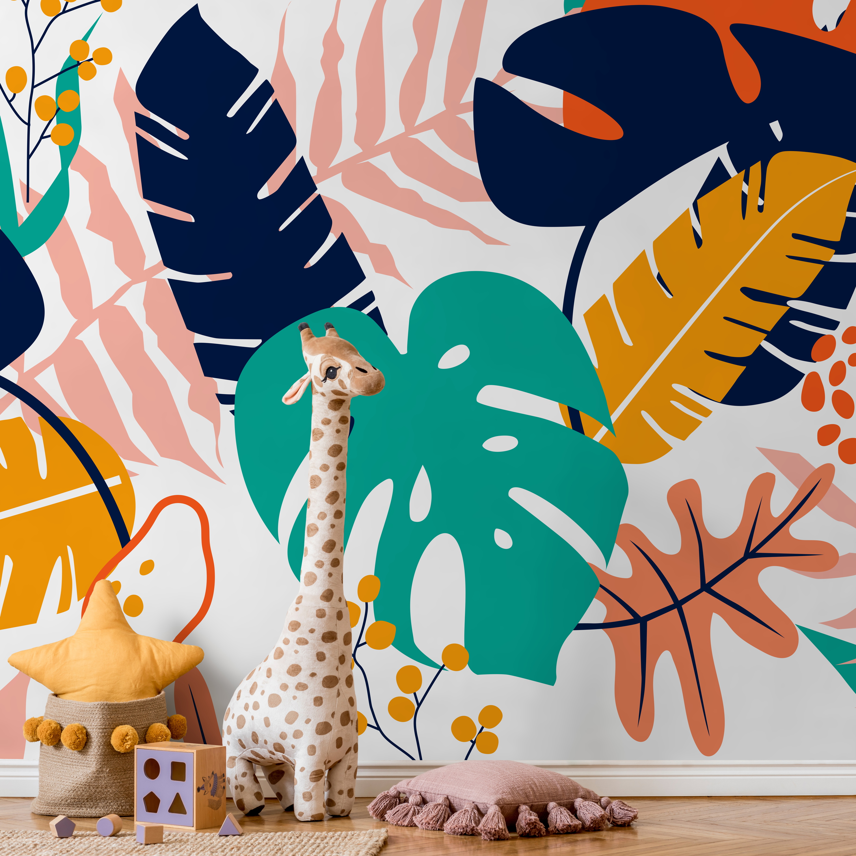 Botanical Wallpaper With Abstract Tropical Leaves In Orange, Blue, And Teal - B882