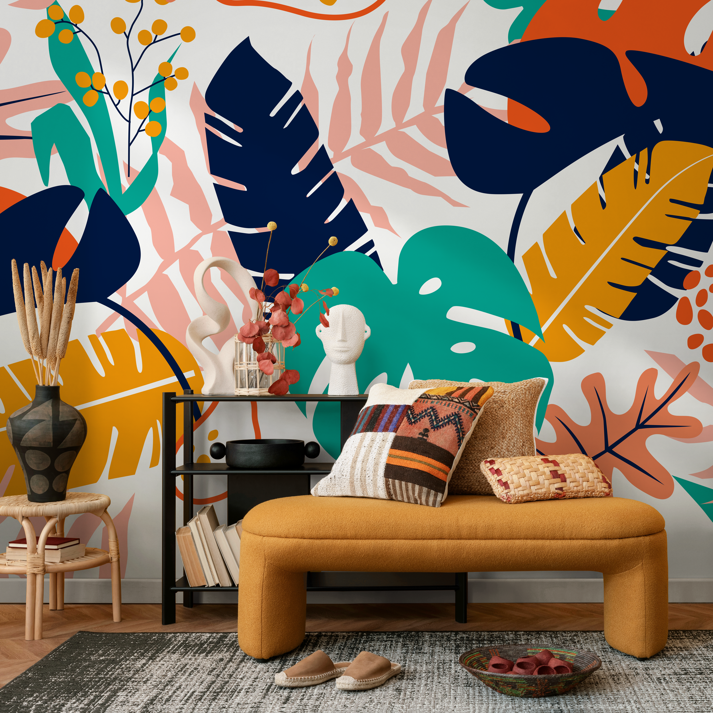 Botanical Wallpaper With Abstract Tropical Leaves In Orange, Blue, And Teal - B882