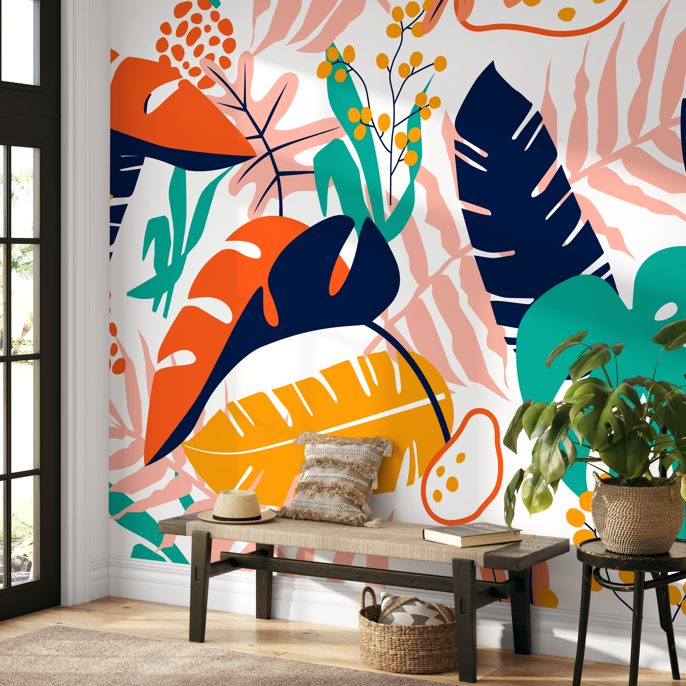 Botanical Wallpaper With Abstract Tropical Leaves In Orange, Blue, And Teal - B882