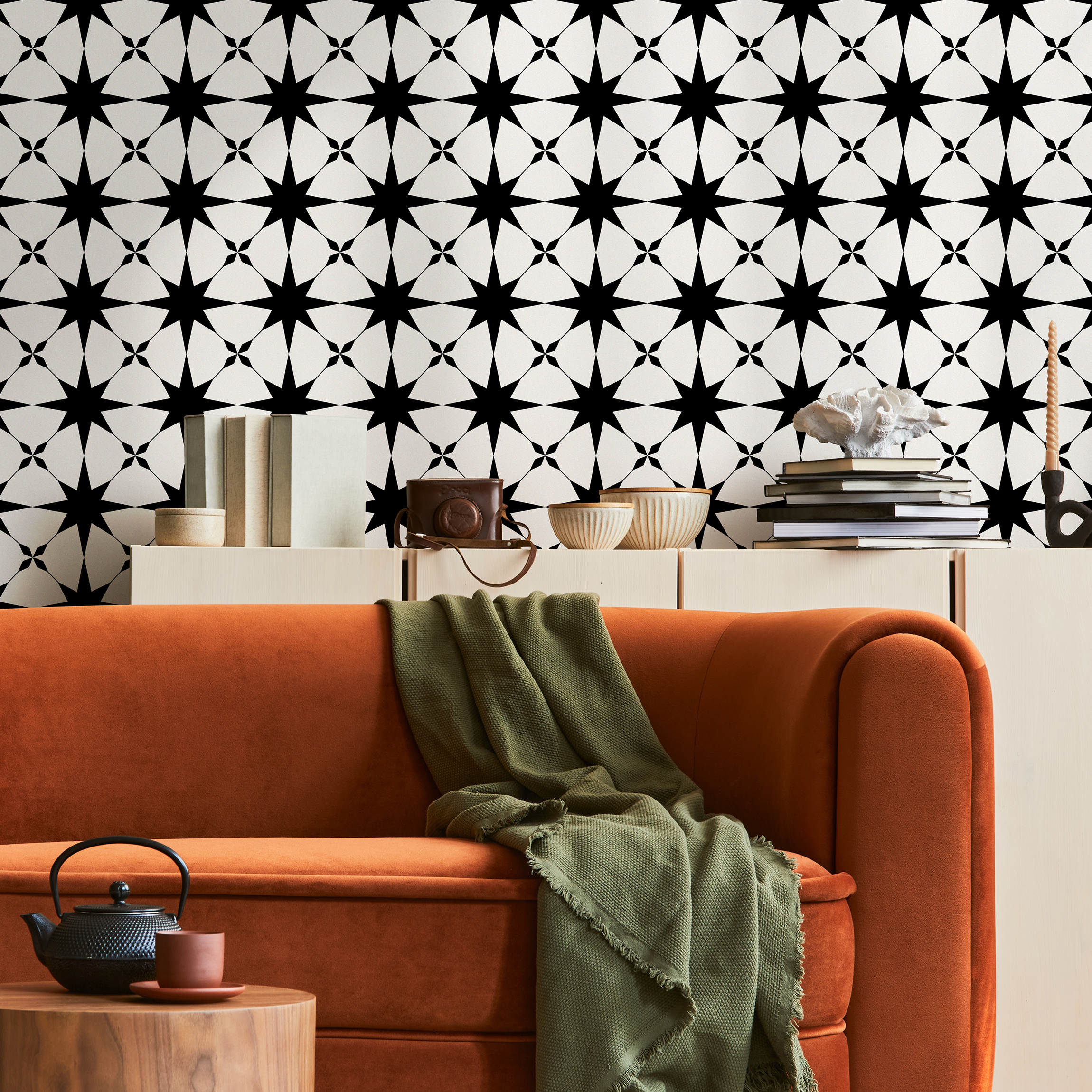 Geometric Wallpaper With A Graphic Star Pattern In Black And White - B883