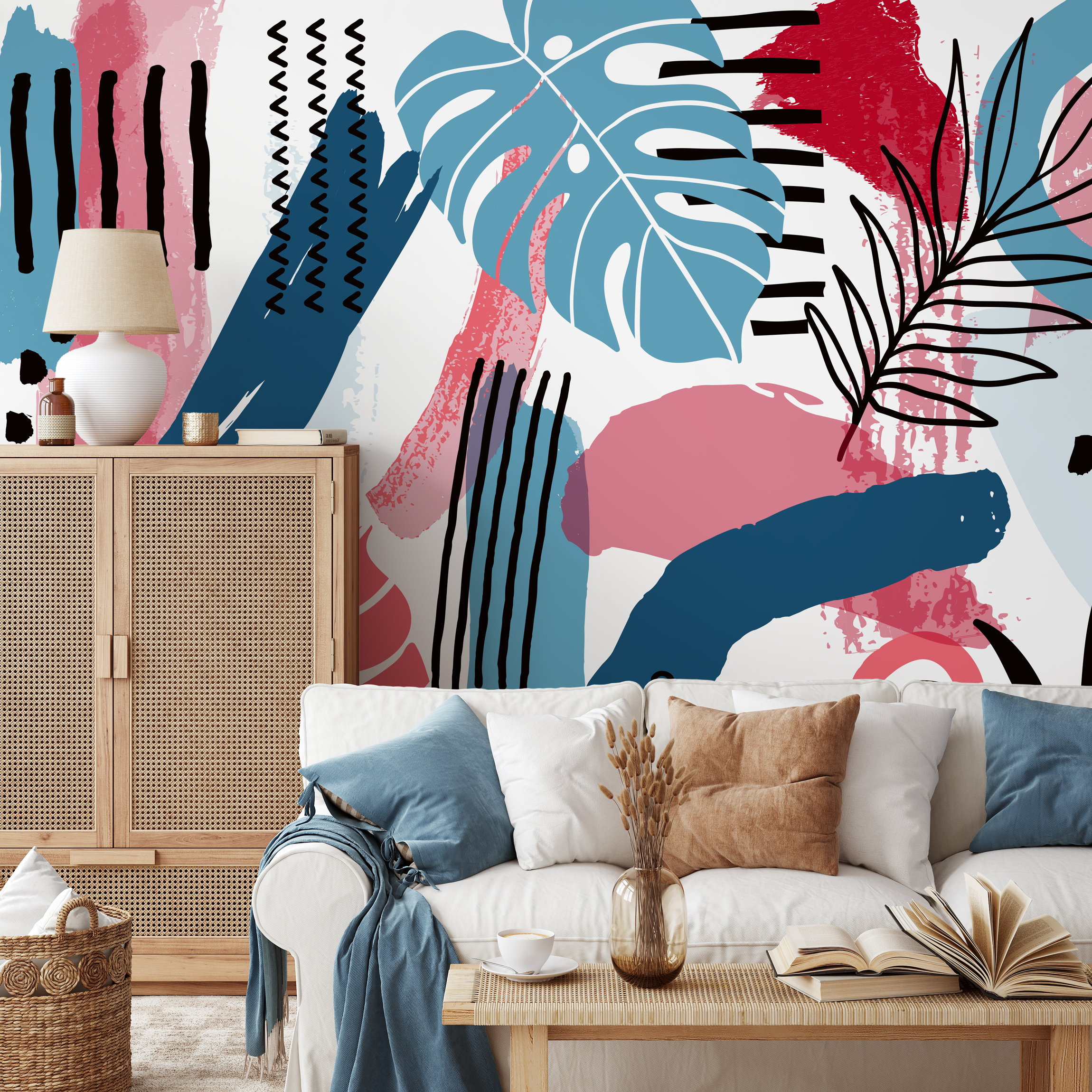 Abstract Wallpaper With Botanical Motifs In Pink, Blue, And Black - B884