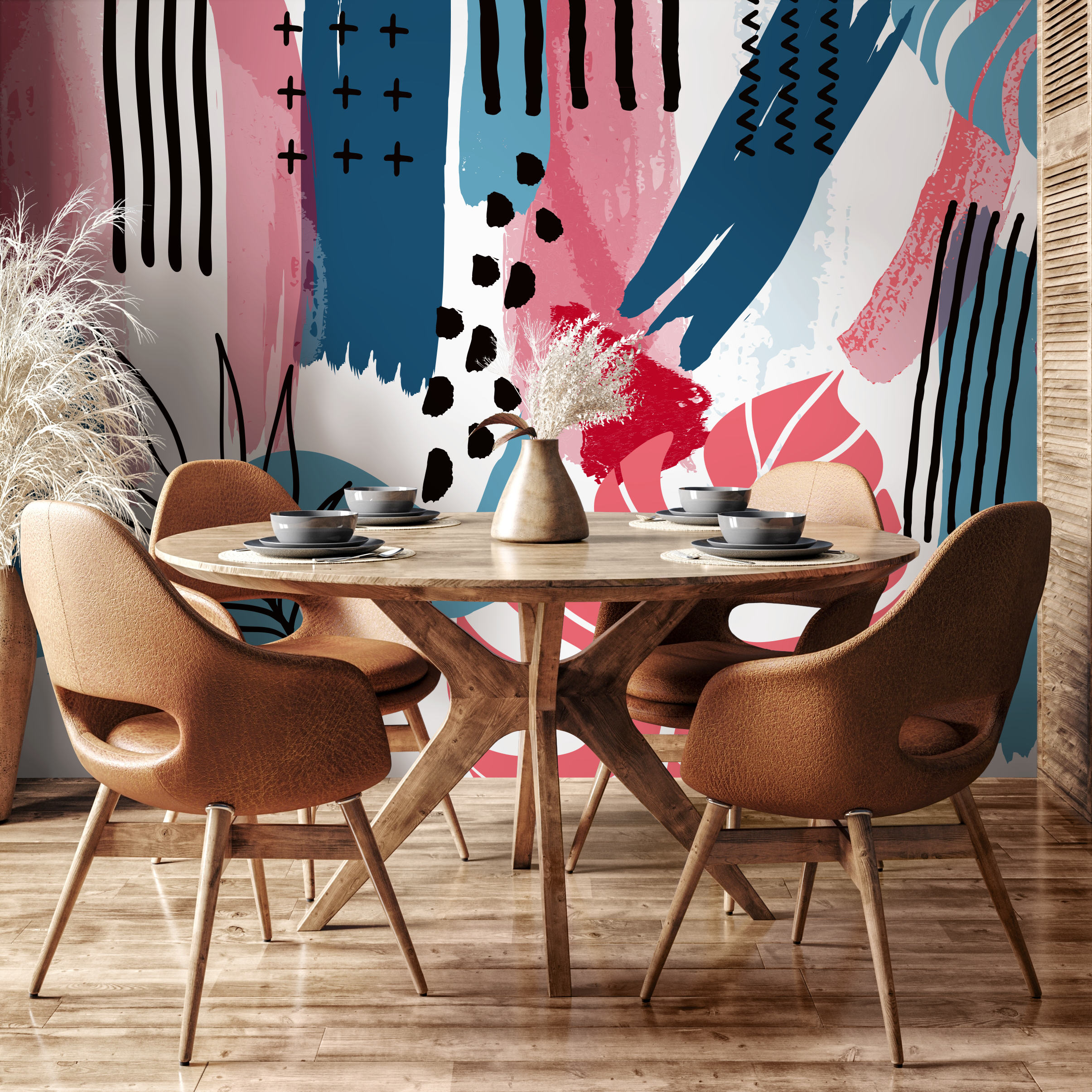 Abstract Wallpaper With Botanical Motifs In Pink, Blue, And Black - B884