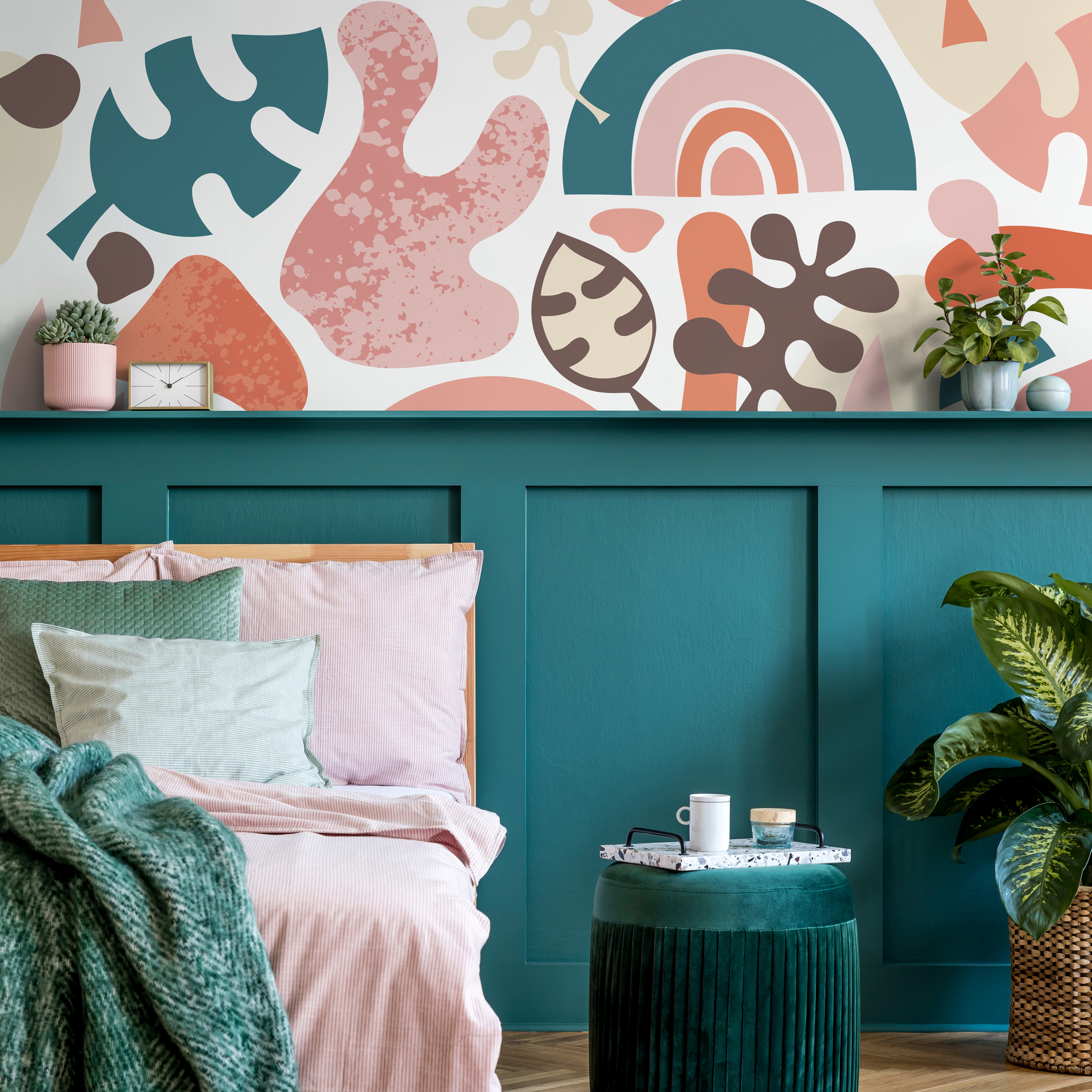 Abstract Wallpaper With Modern Organic Shapes In Rust, Pink, And Teal - B886