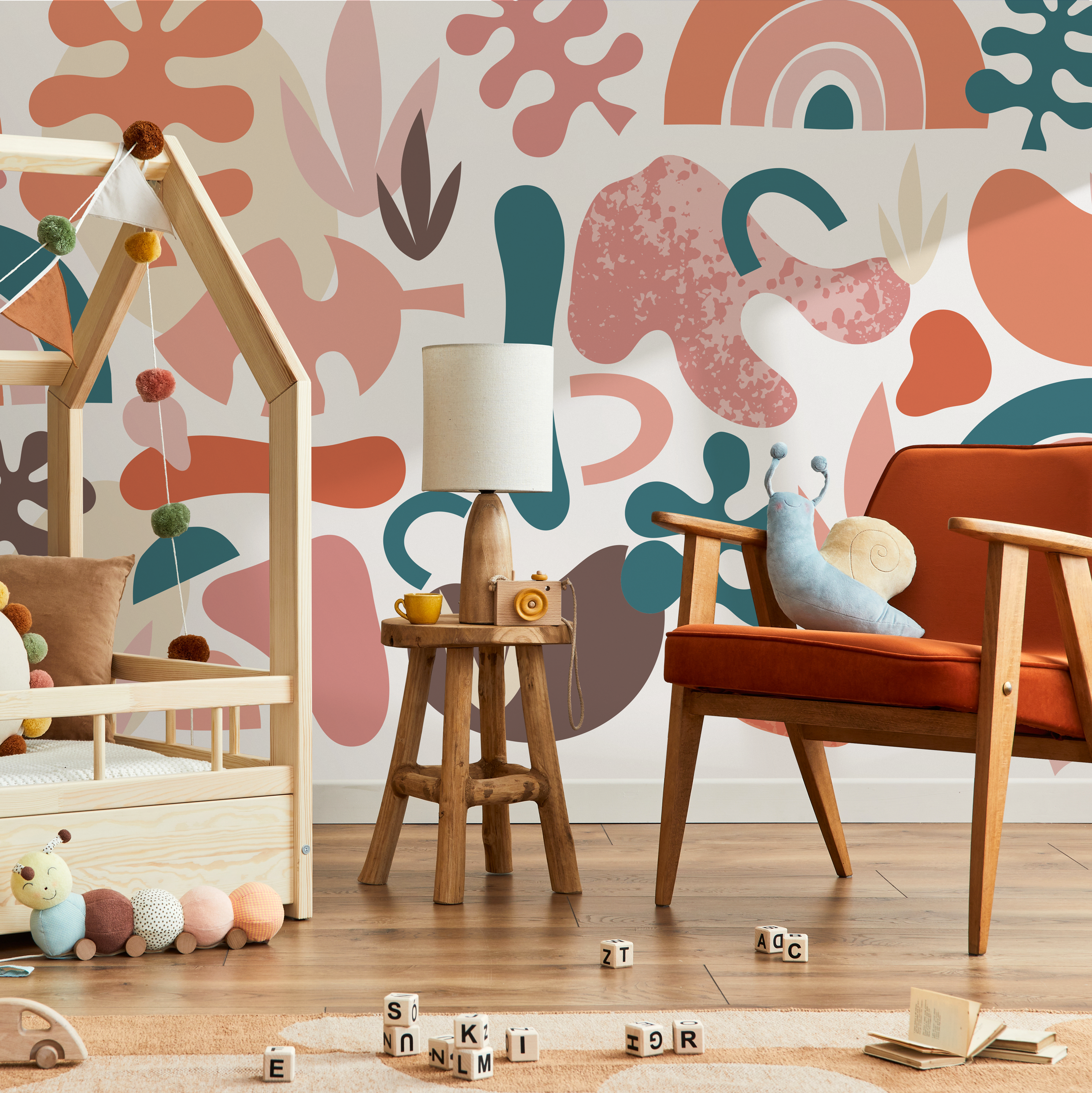 Abstract Wallpaper With Modern Organic Shapes In Rust, Pink, And Teal - B886