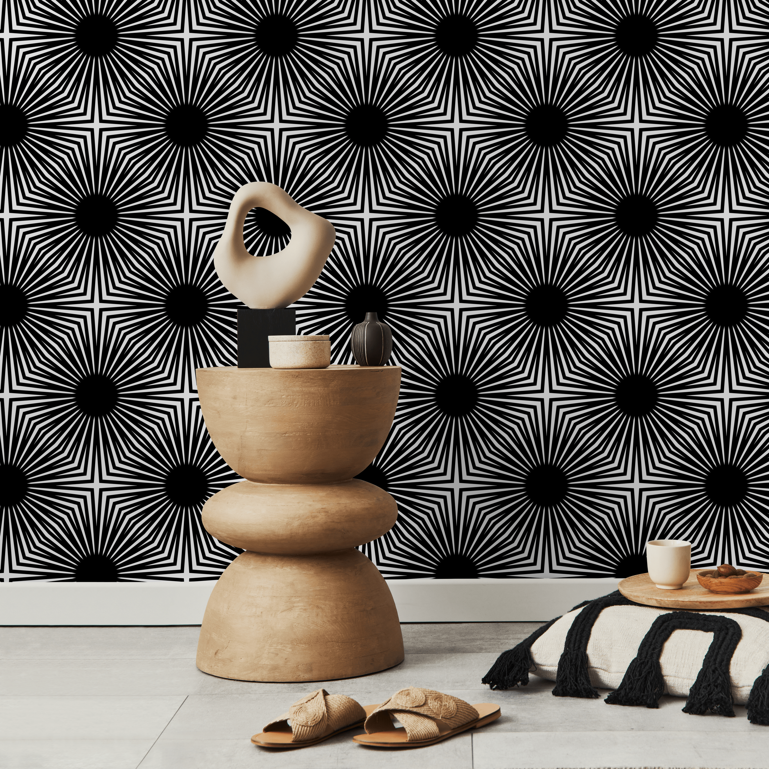 Geometric Wallpaper With A Bold Starburst Motif In Black And White - B887
