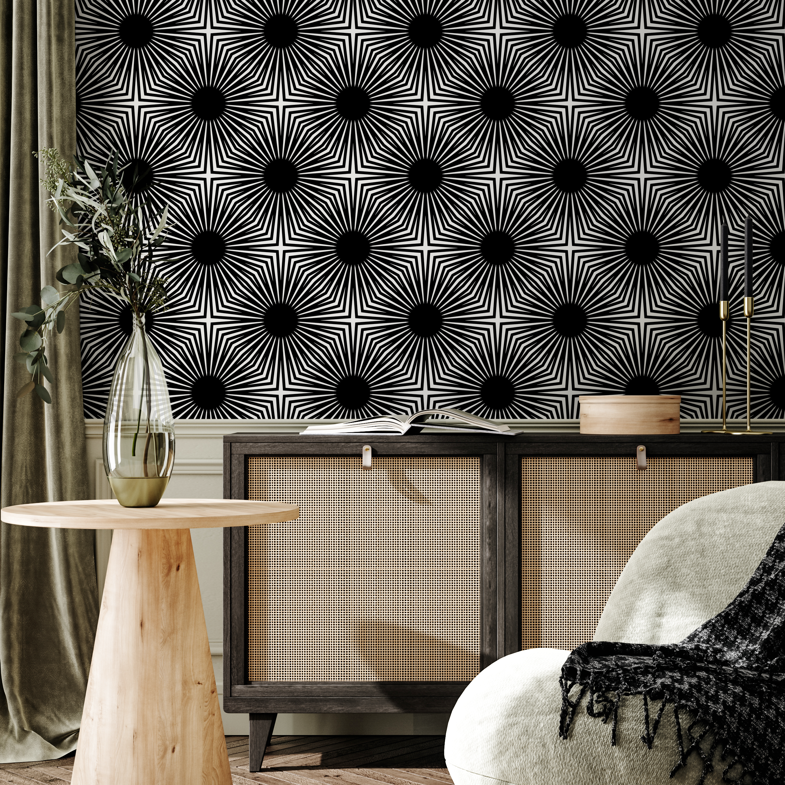 Geometric Wallpaper With A Bold Starburst Motif In Black And White - B887
