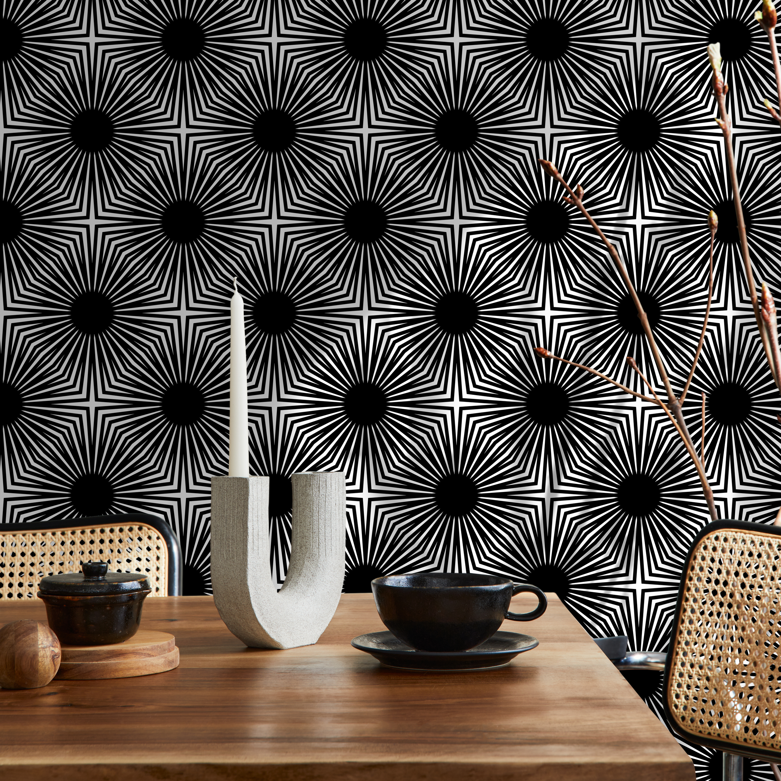 Geometric Wallpaper With A Bold Starburst Motif In Black And White - B887