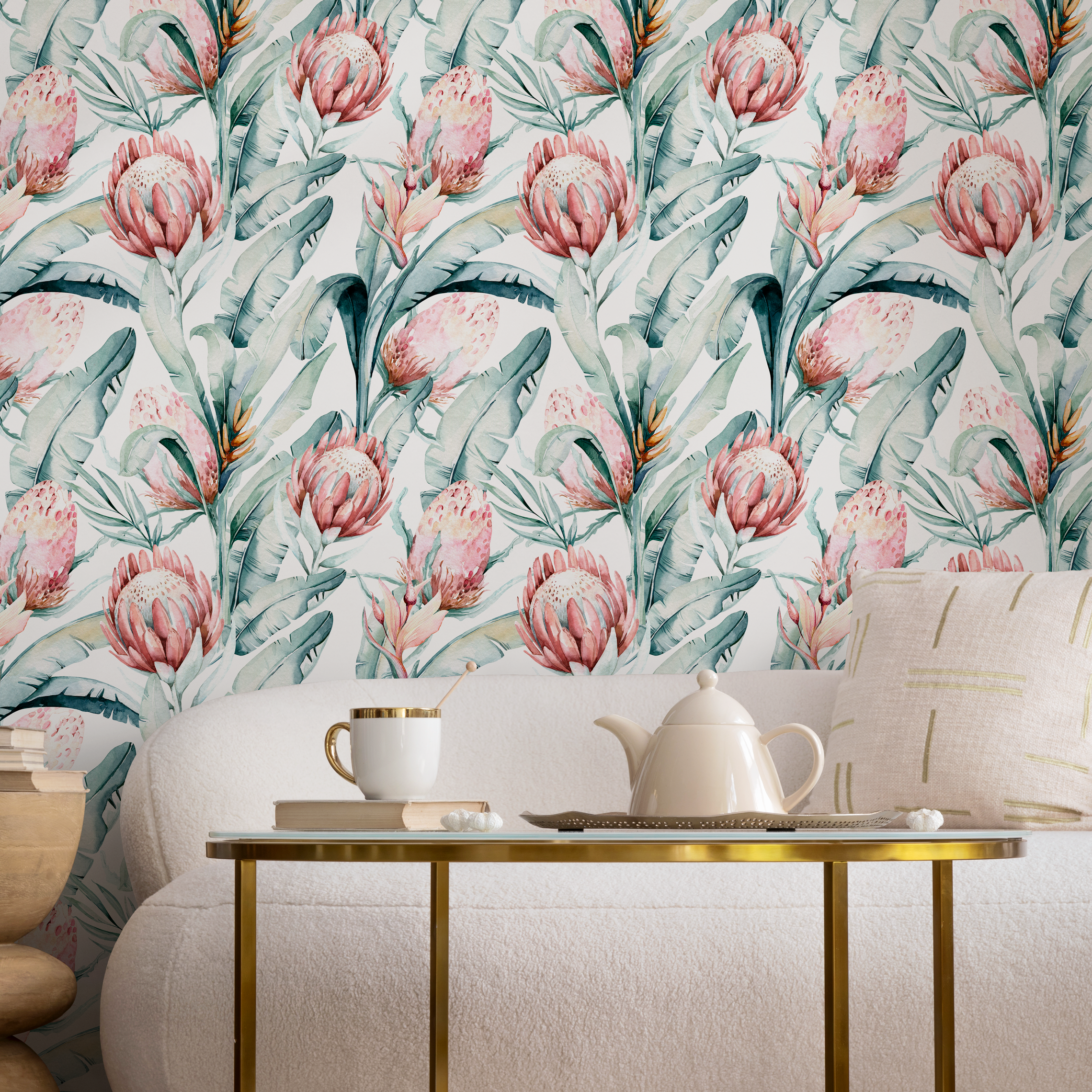 Botanical Wallpaper With Watercolor Protea Flowers In Pink And Green - B890