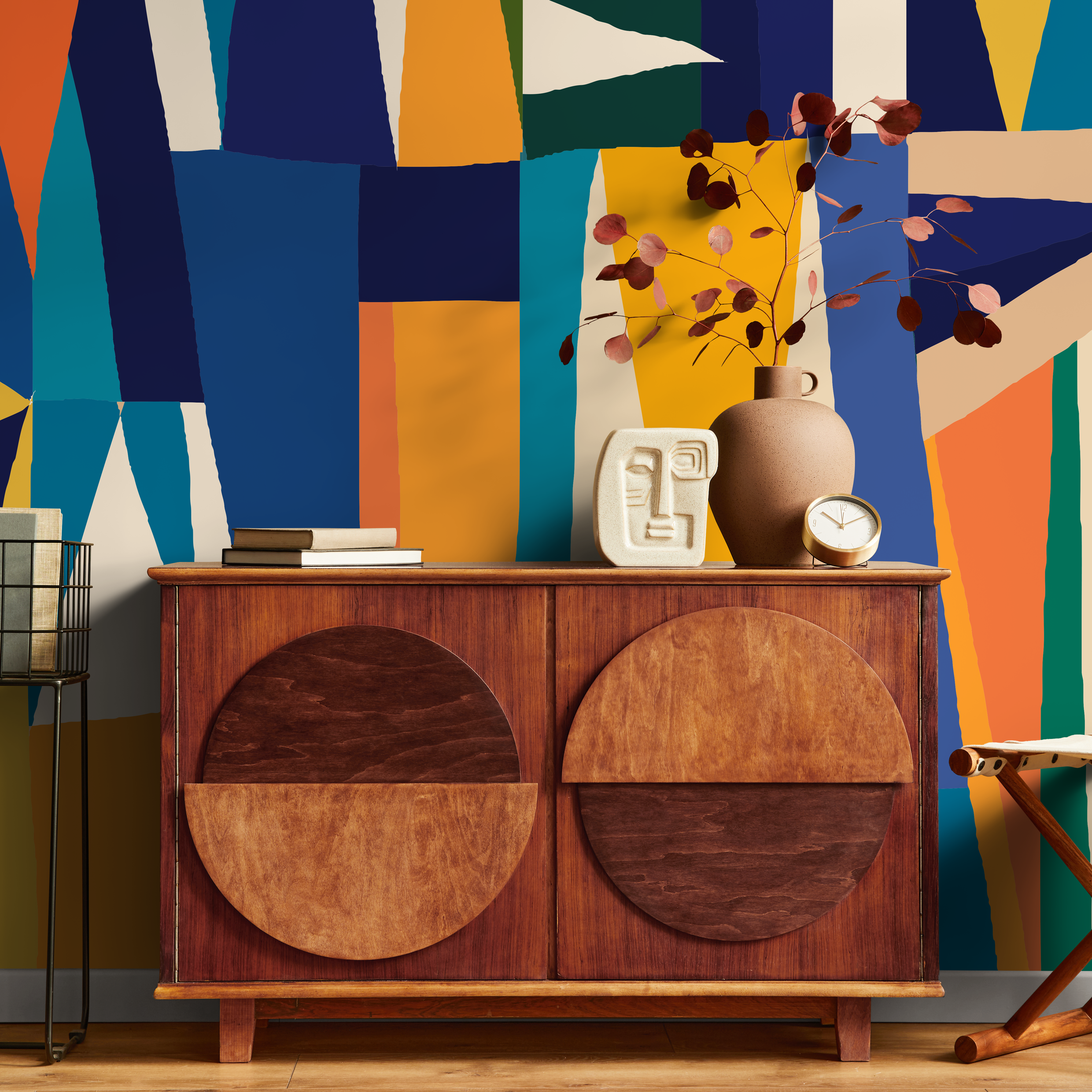 Abstract Wallpaper With Bold Geometric Shapes In Blue, Orange, And Yellow - B891