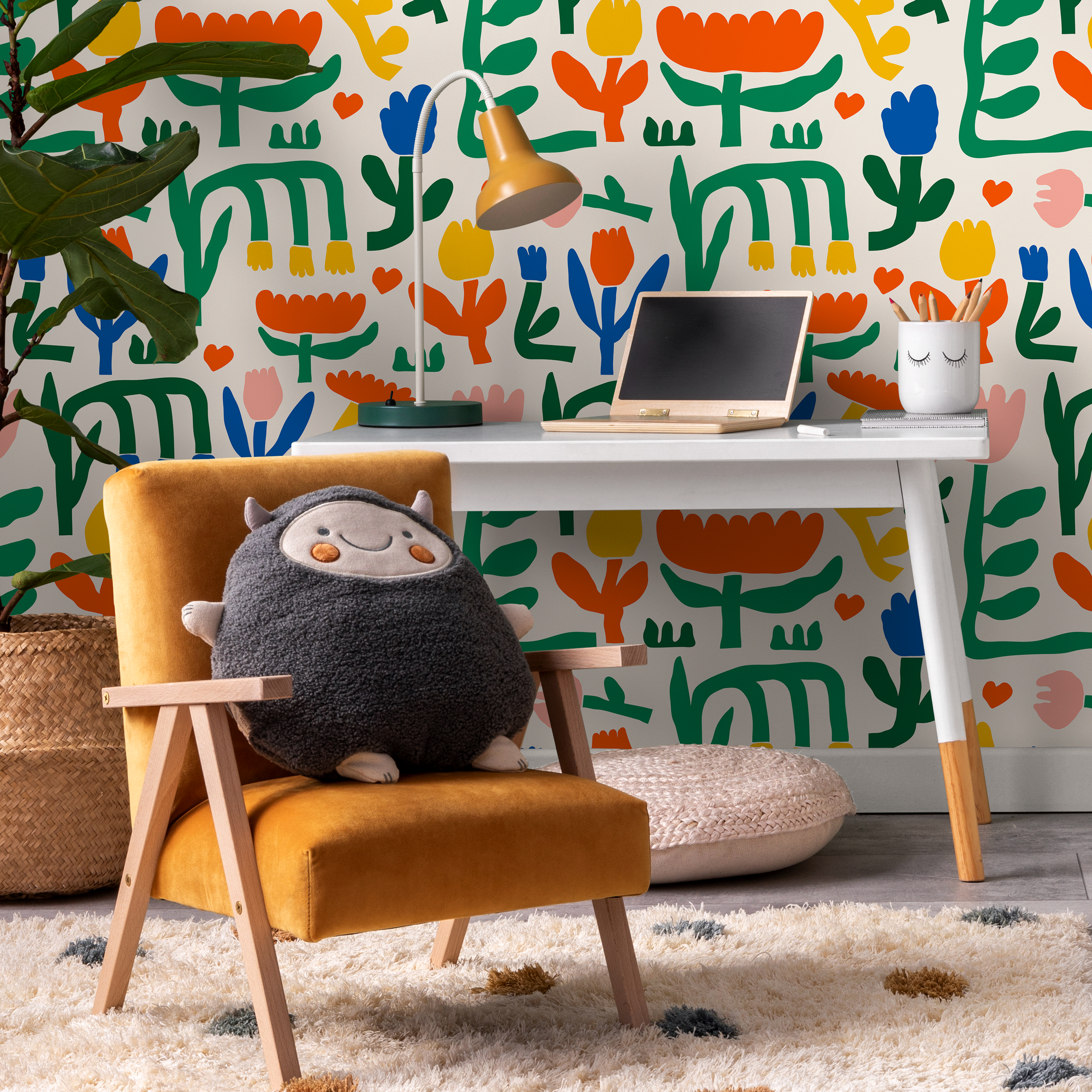 Kids Wallpaper With Abstract Floral Shapes In Green, Orange, And Blue - B895