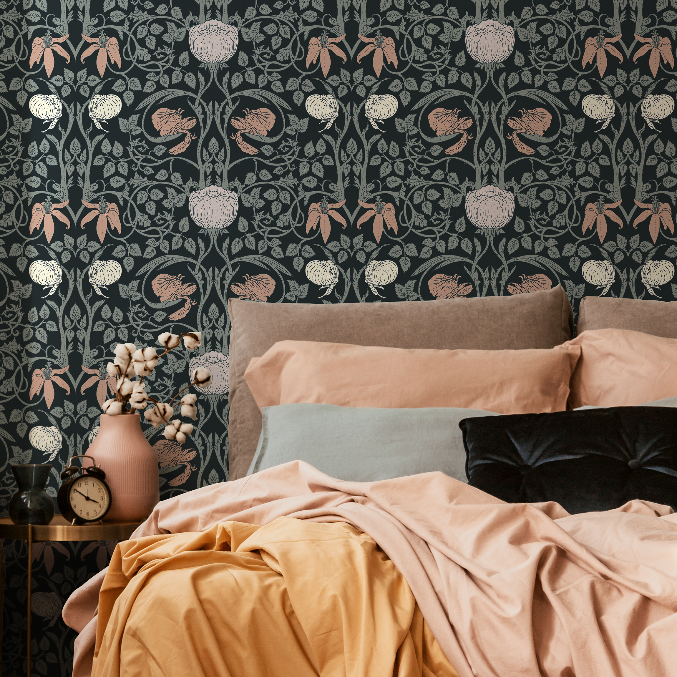 Art Nouveau Wallpaper With Intricate Floral Vines In Black, Green, And Pink - B900