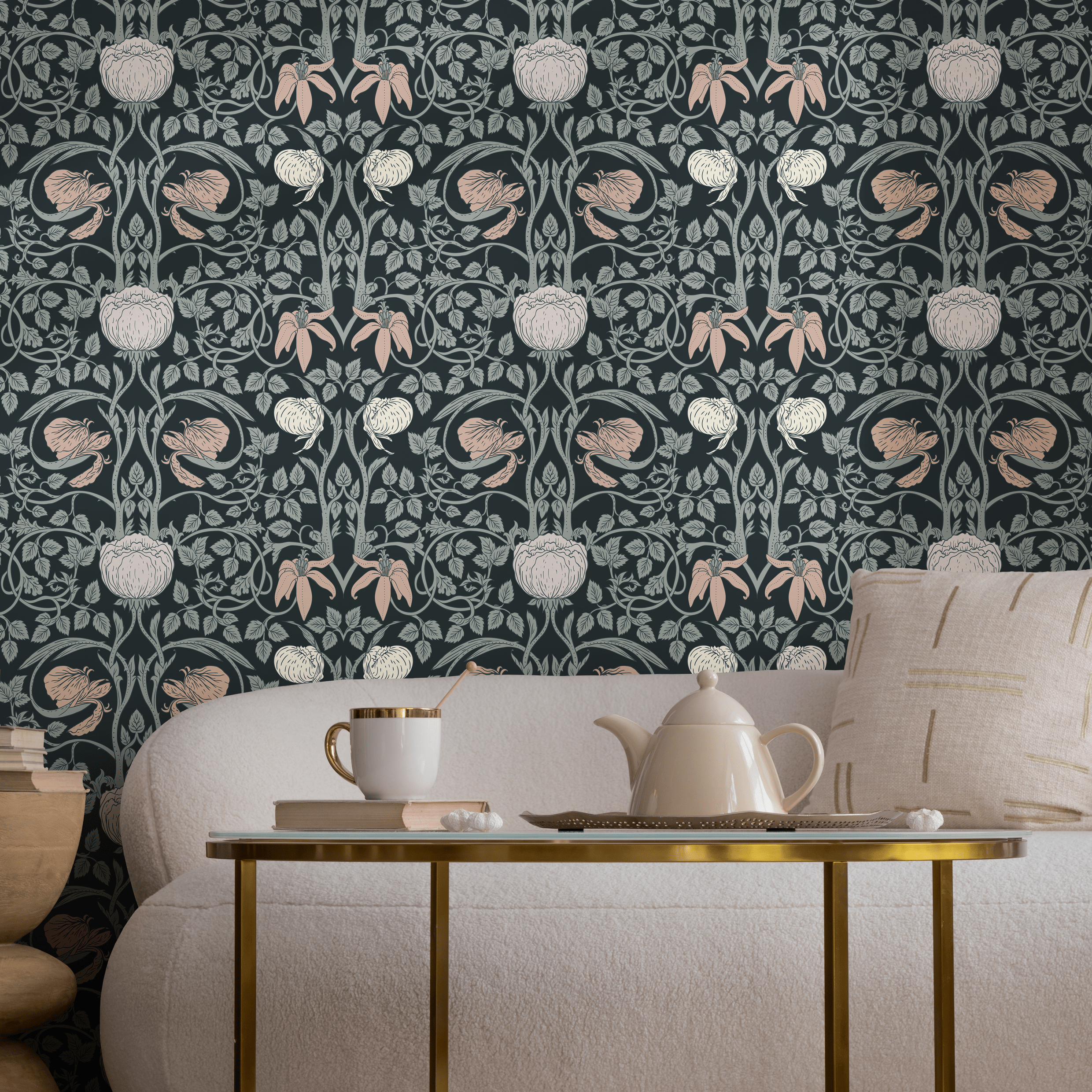 Art Nouveau Wallpaper With Intricate Floral Vines In Black, Green, And Pink - B900