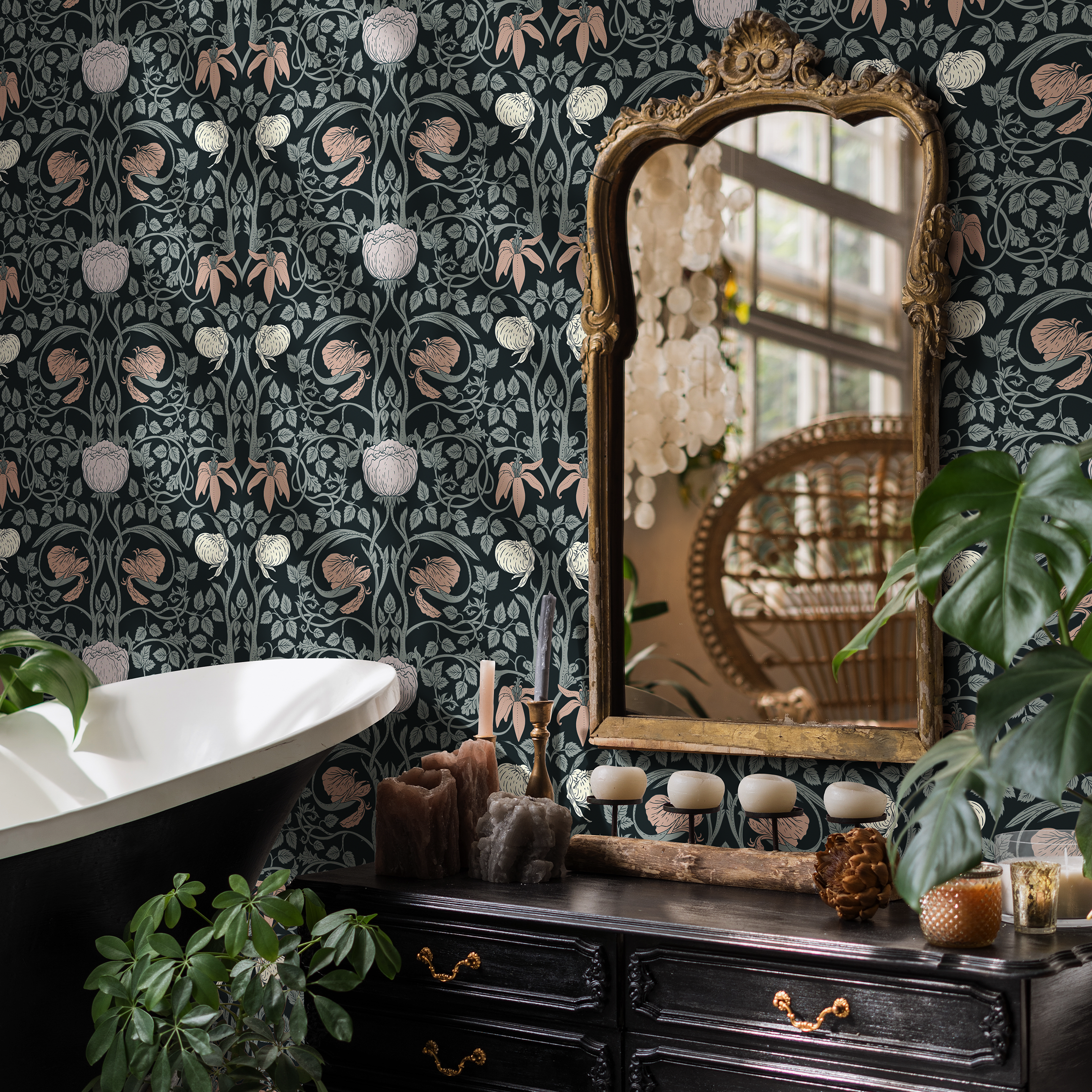 Art Nouveau Wallpaper With Intricate Floral Vines In Black, Green, And Pink - B900