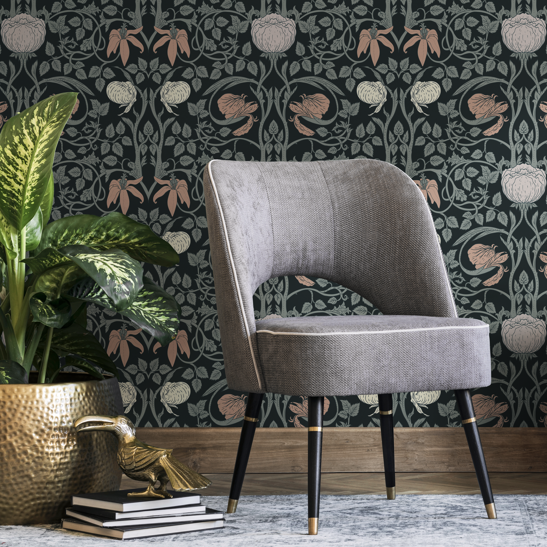 Art Nouveau Wallpaper With Intricate Floral Vines In Black, Green, And Pink - B900