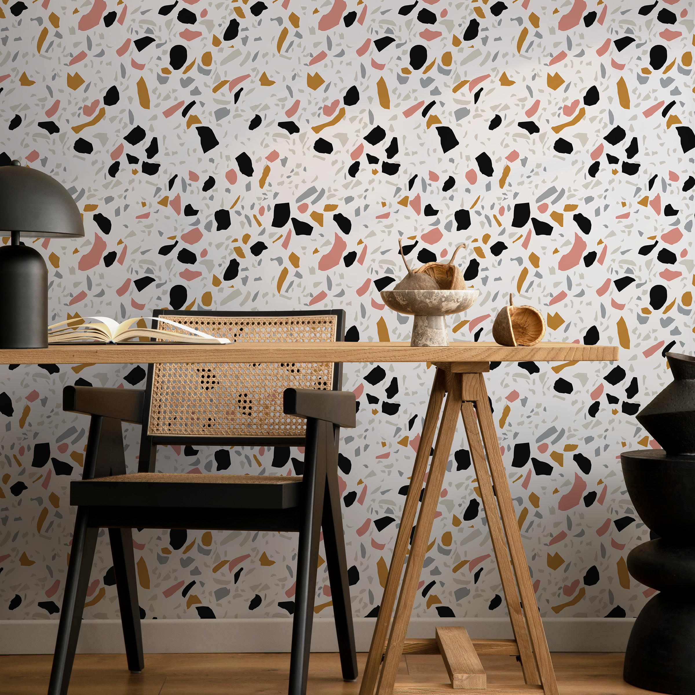 Terrazzo Wallpaper With A Modern Mosaic In Black, Pink, And Ochre - B904