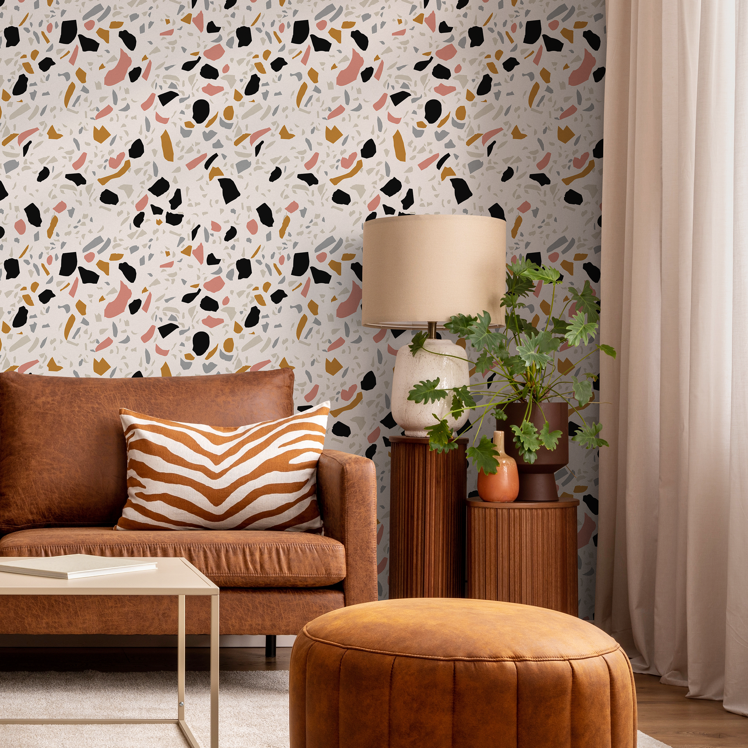 Terrazzo Wallpaper With A Modern Mosaic In Black, Pink, And Ochre - B904