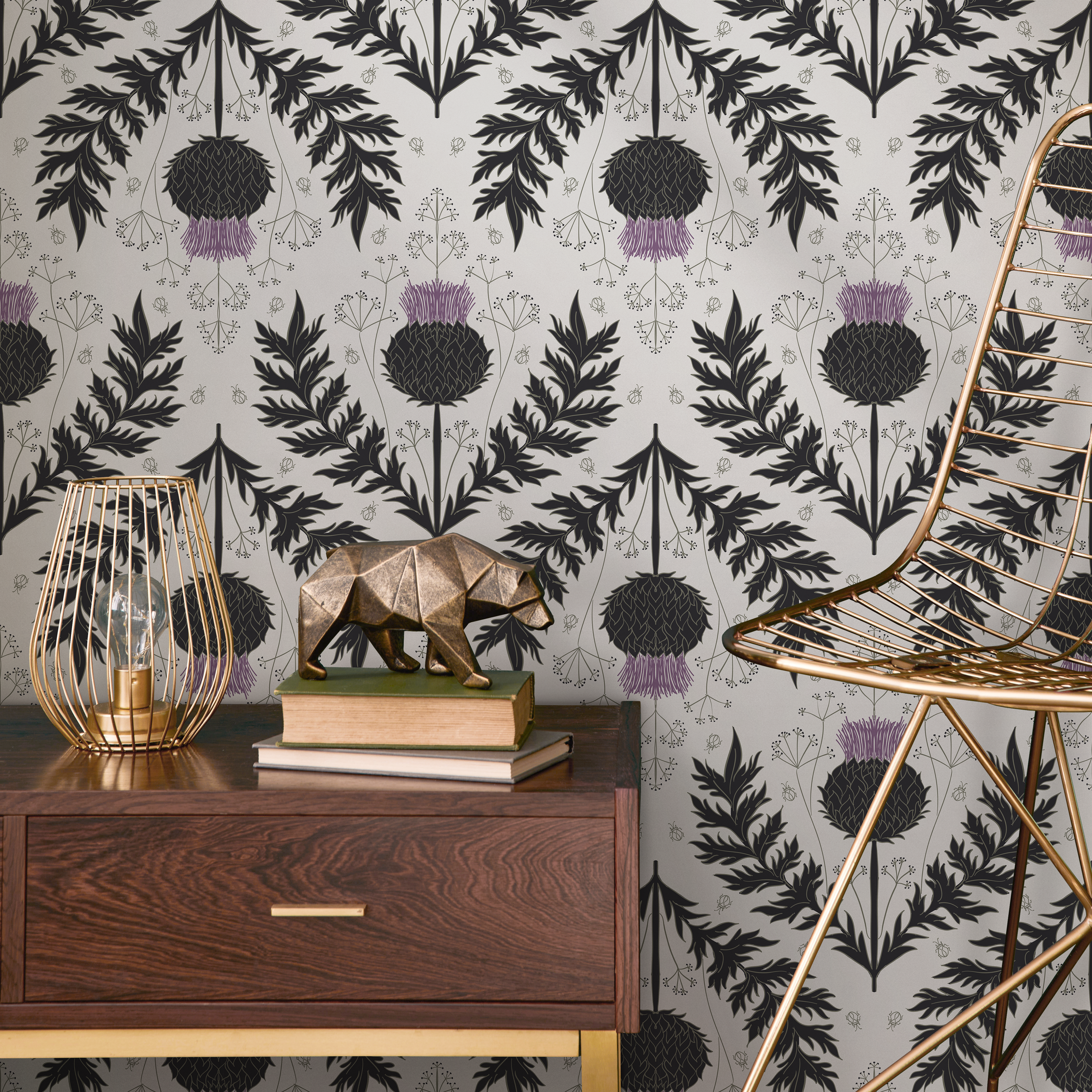 Botanical Wallpaper With A Scottish Thistle Motif In Black, Purple, And Gray - B905
