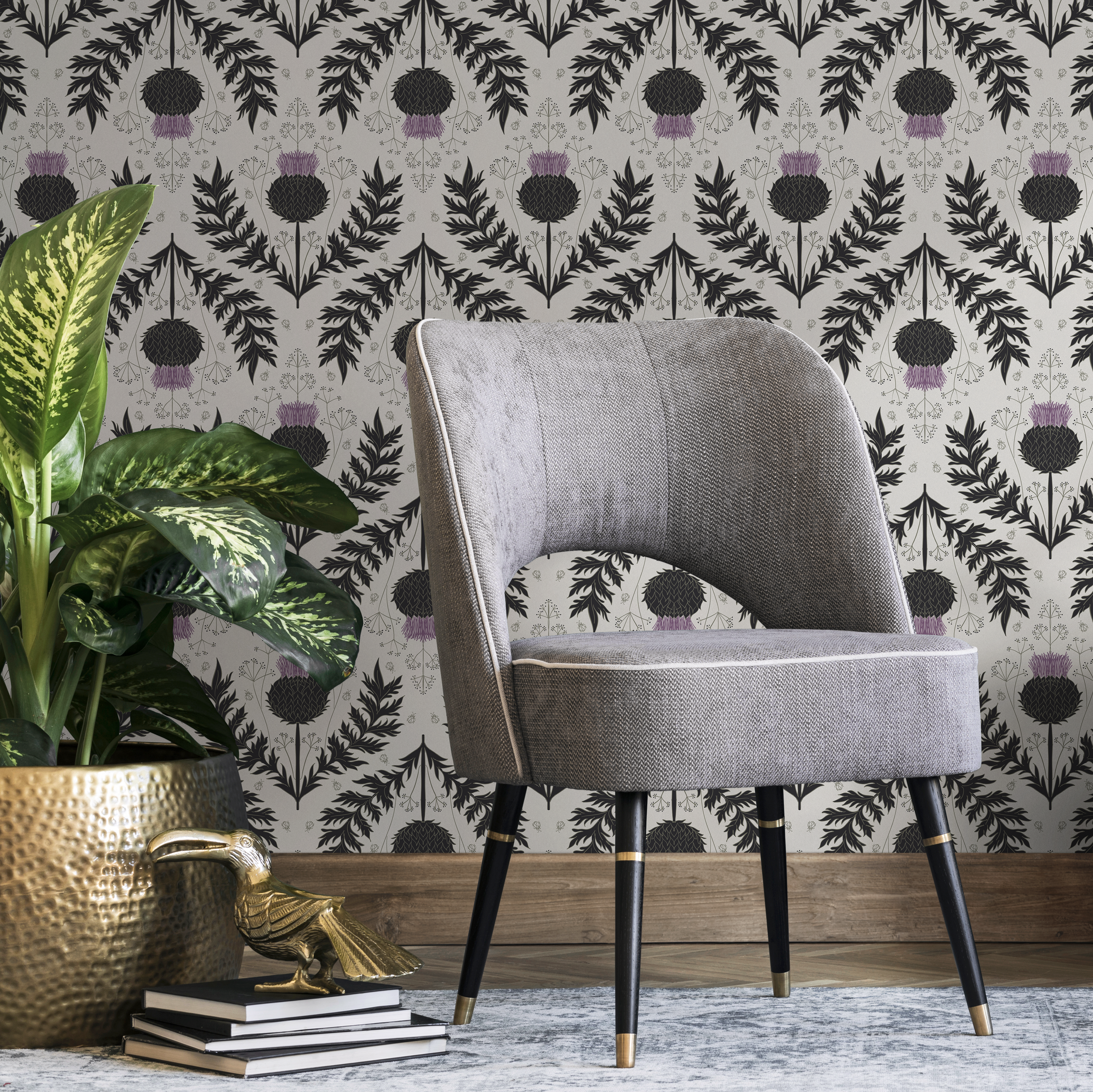 Botanical Wallpaper With A Scottish Thistle Motif In Black, Purple, And Gray - B905