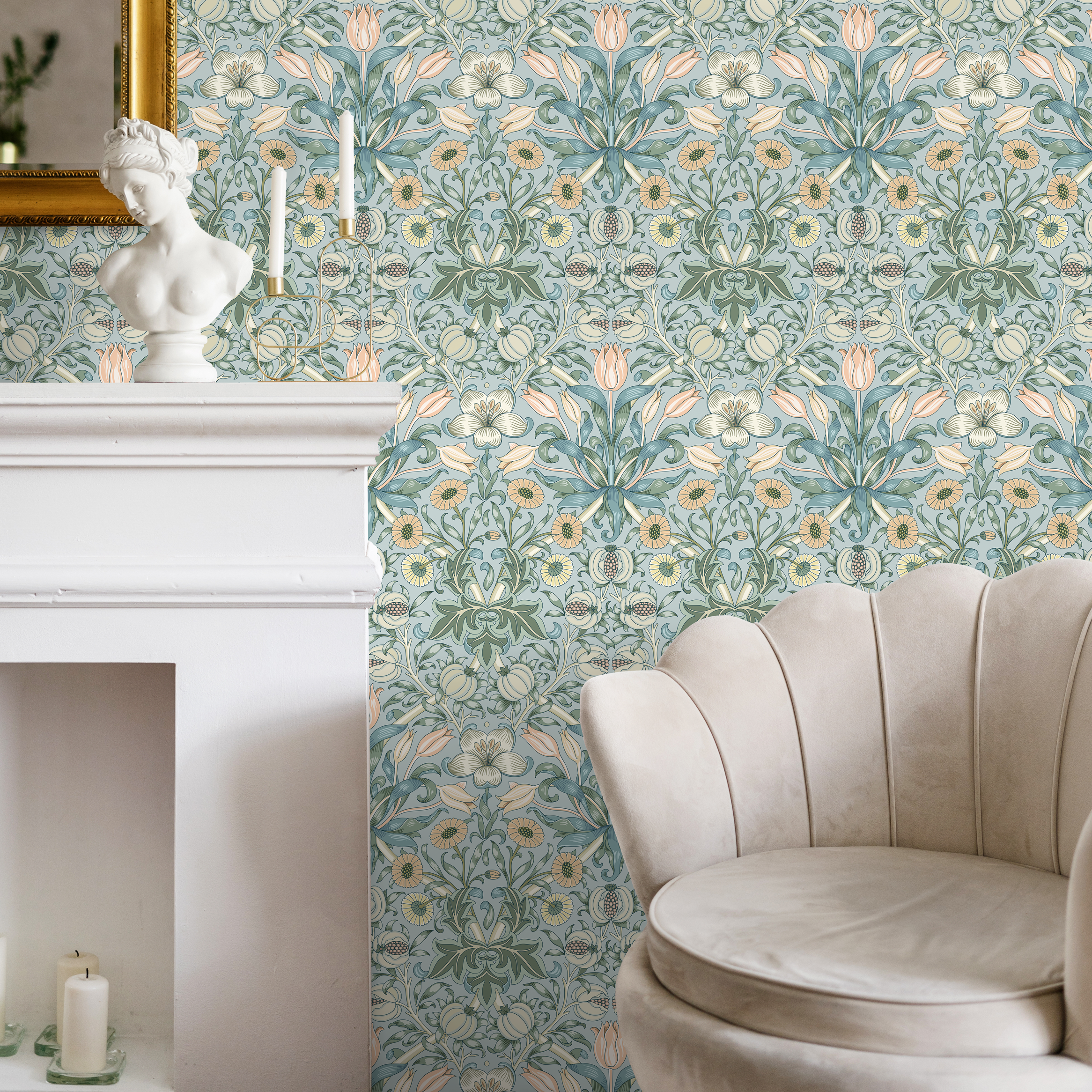 Art Nouveau Wallpaper With A Floral And Fruit Motif In Blue, Green, And Peach - B908