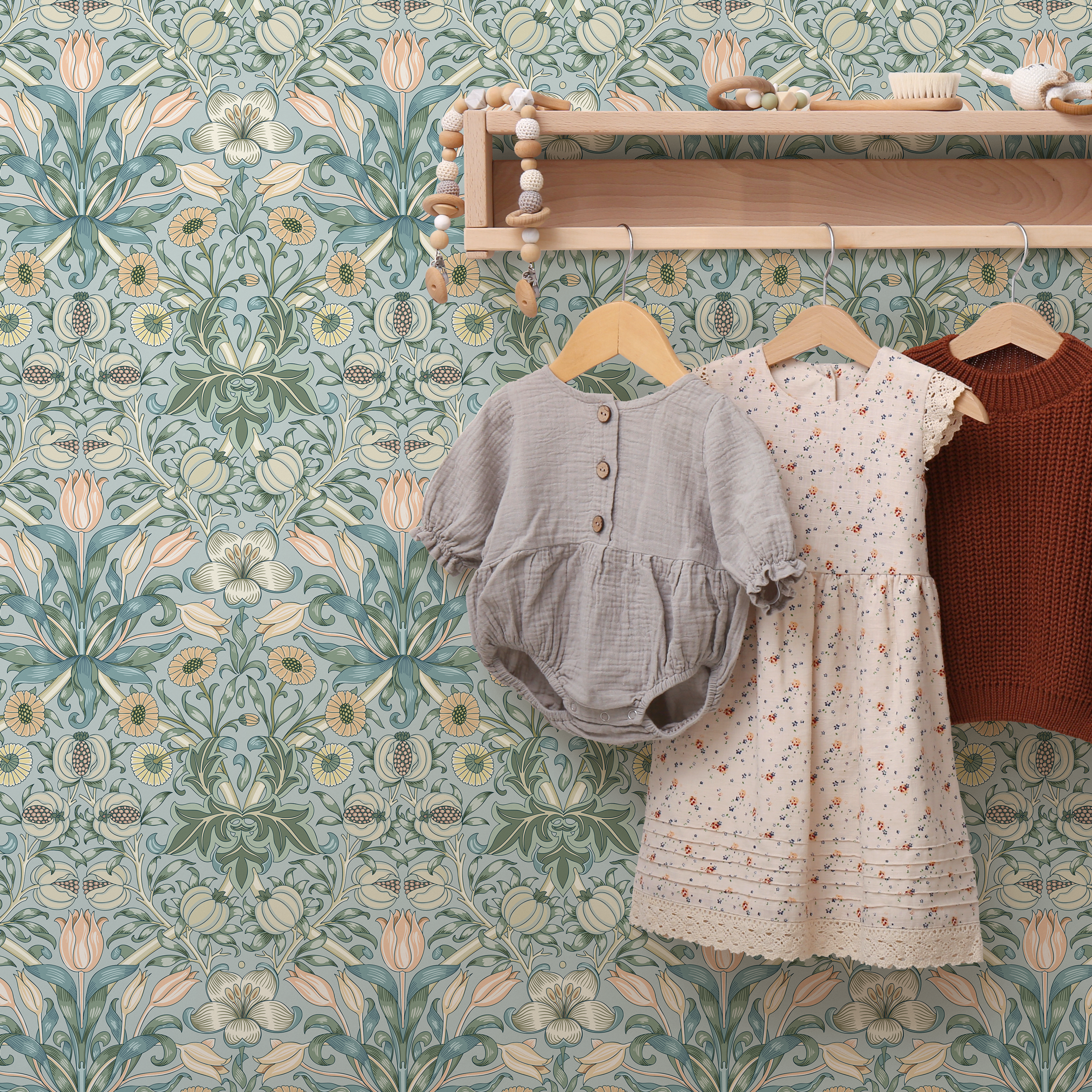 Art Nouveau Wallpaper With A Floral And Fruit Motif In Blue, Green, And Peach - B908