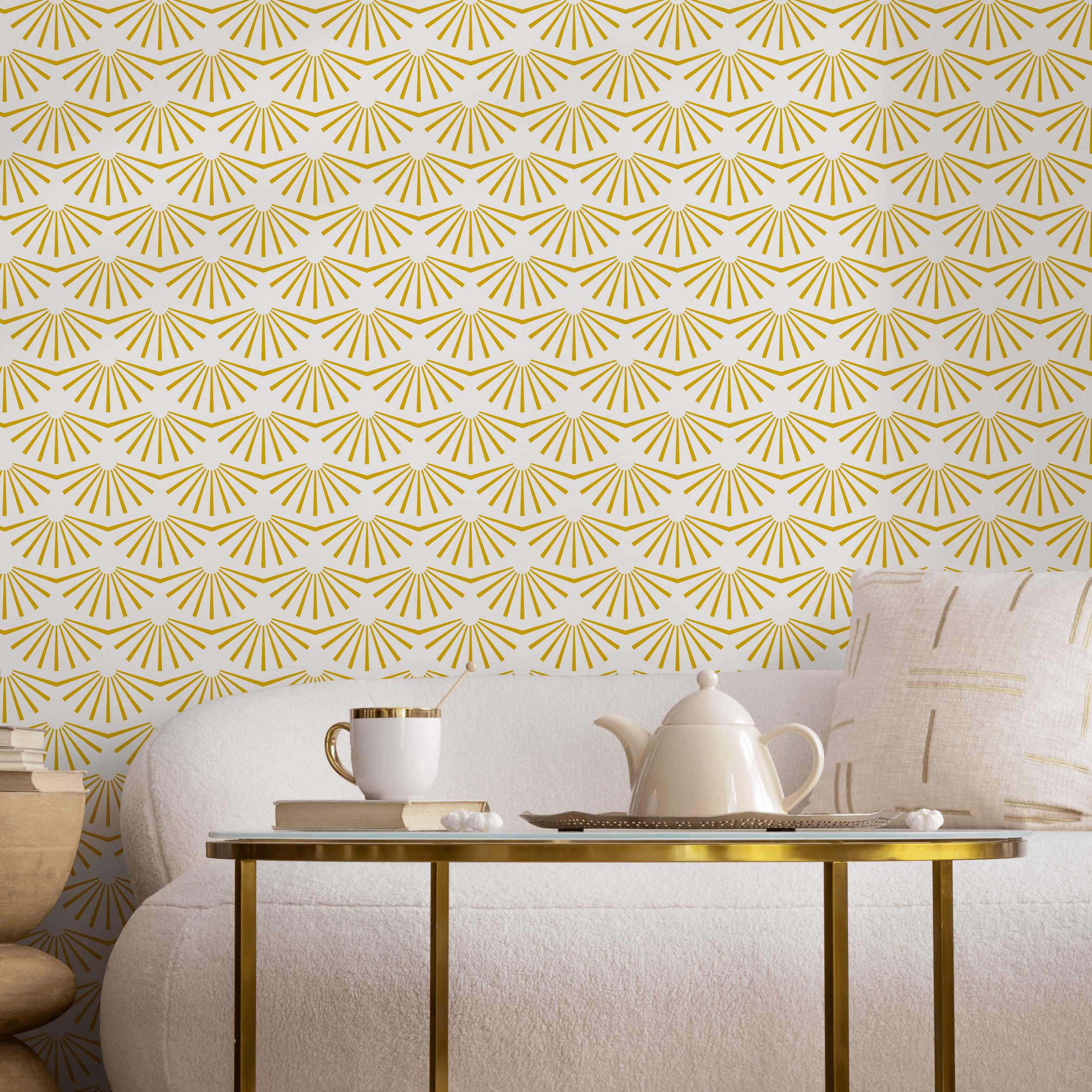 Art Deco Wallpaper With A Geometric Sunburst Motif In Yellow - B911