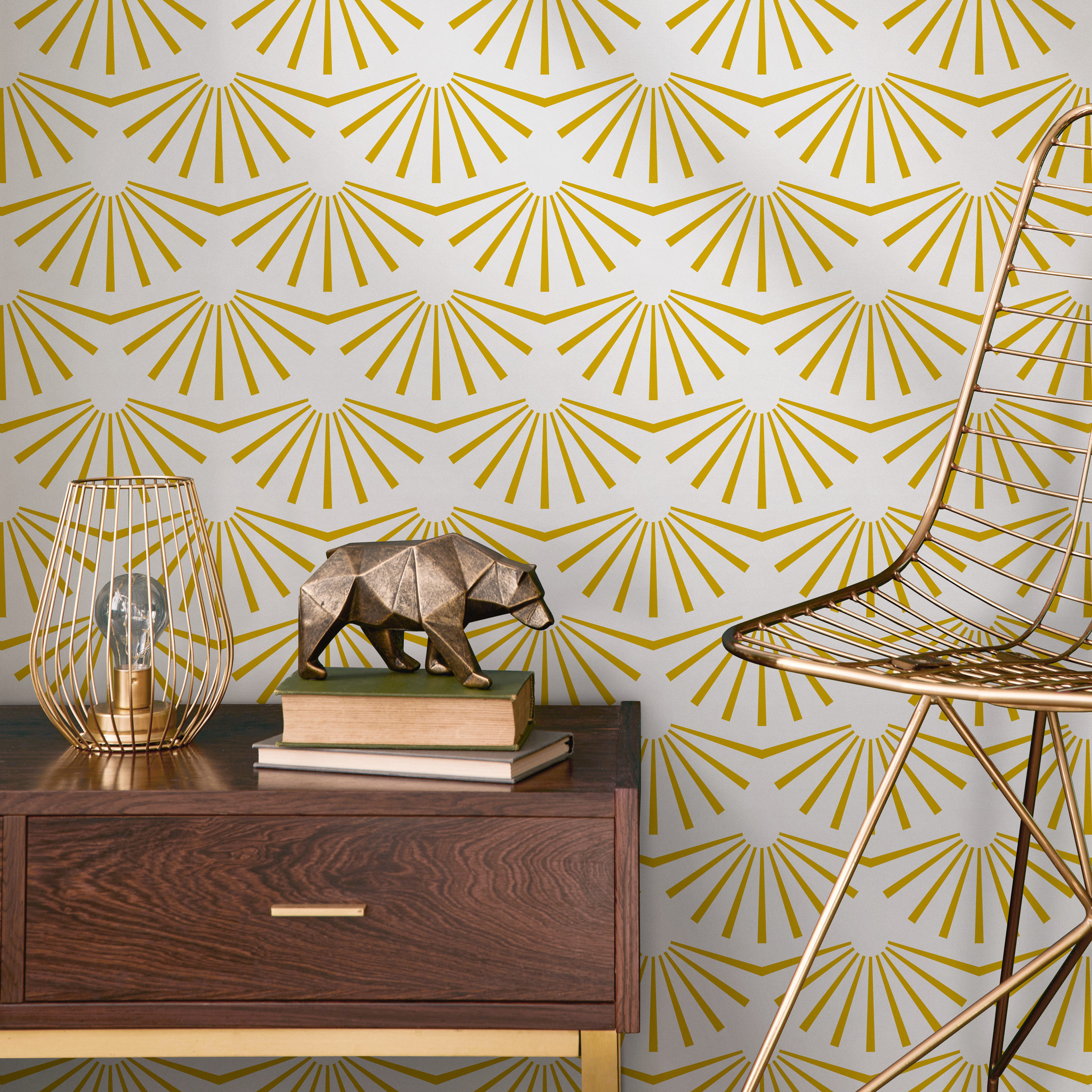 Art Deco Wallpaper With A Geometric Sunburst Motif In Yellow - B911