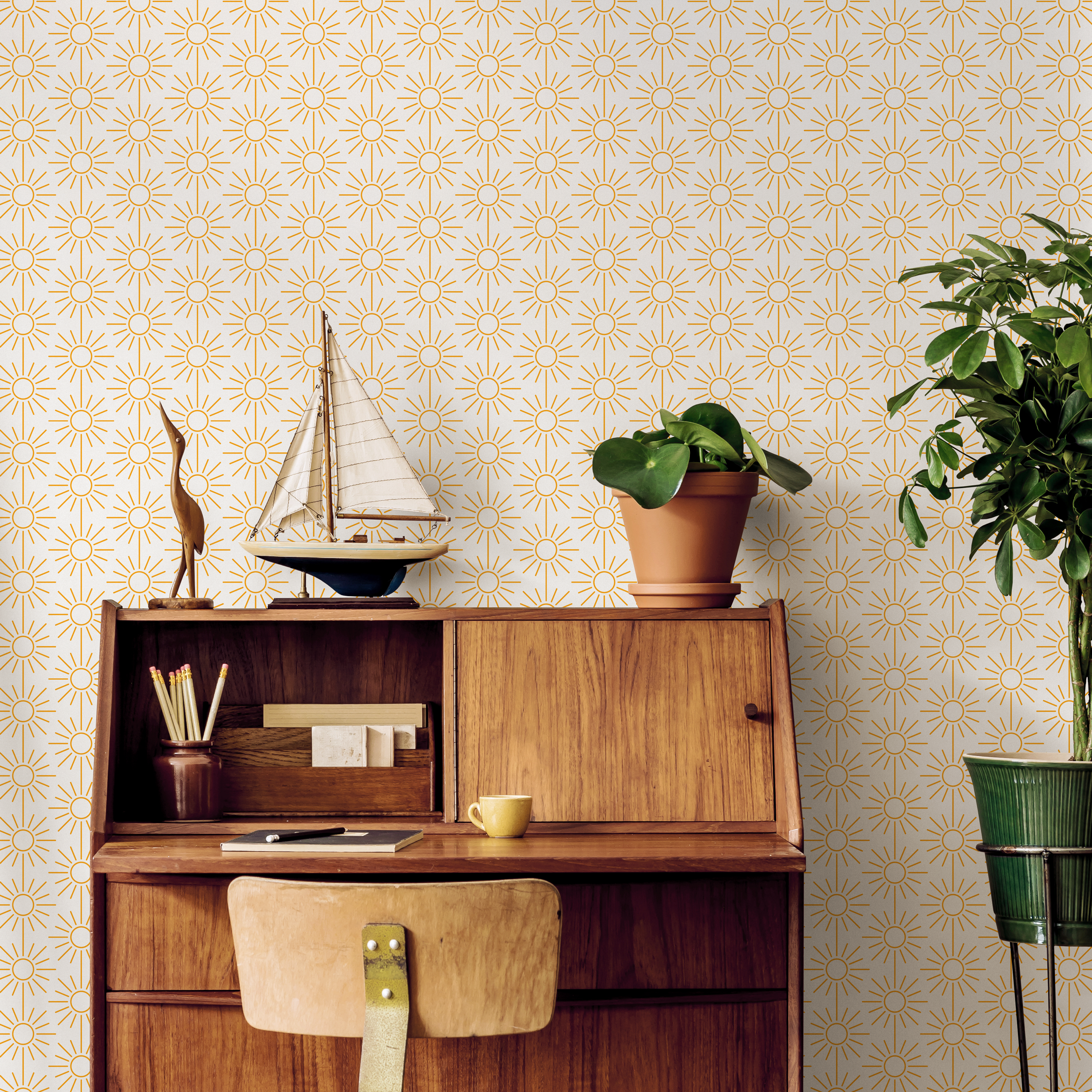 Geometric Wallpaper With A Minimalist Sunburst Motif In Yellow - B914