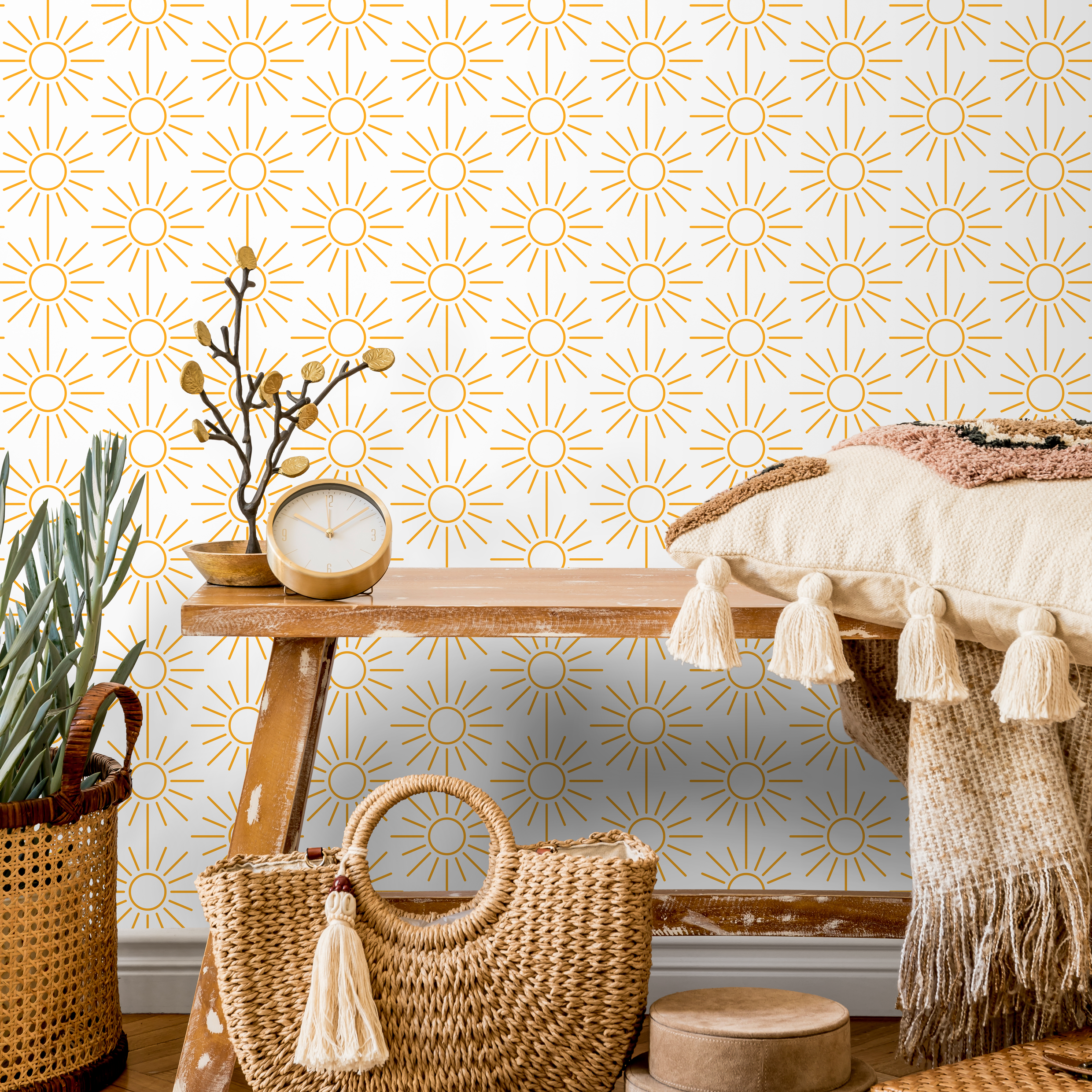 Geometric Wallpaper With A Minimalist Sunburst Motif In Yellow - B914