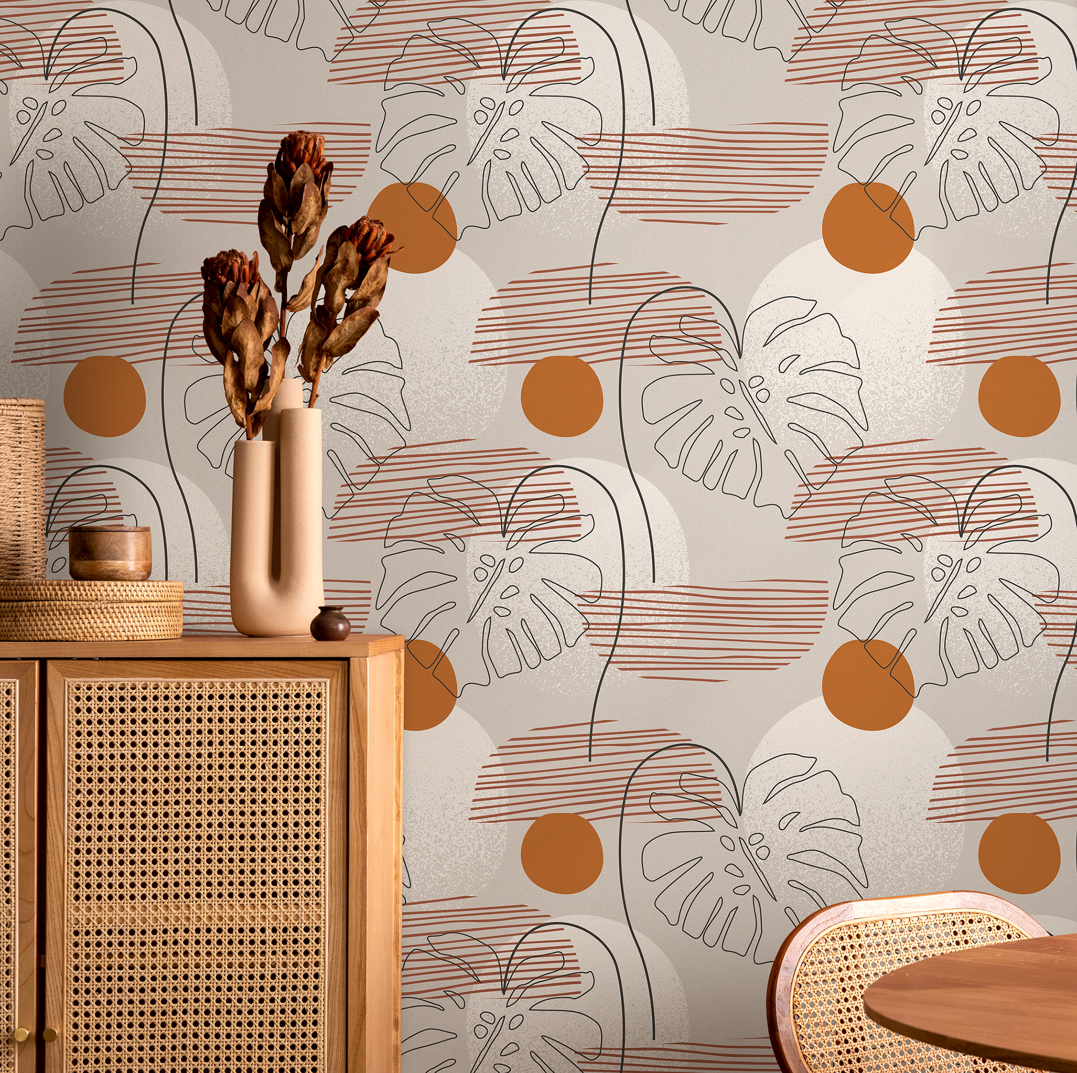 Botanical Wallpaper With Abstract Monstera Leaves In Terracotta And Black - B915