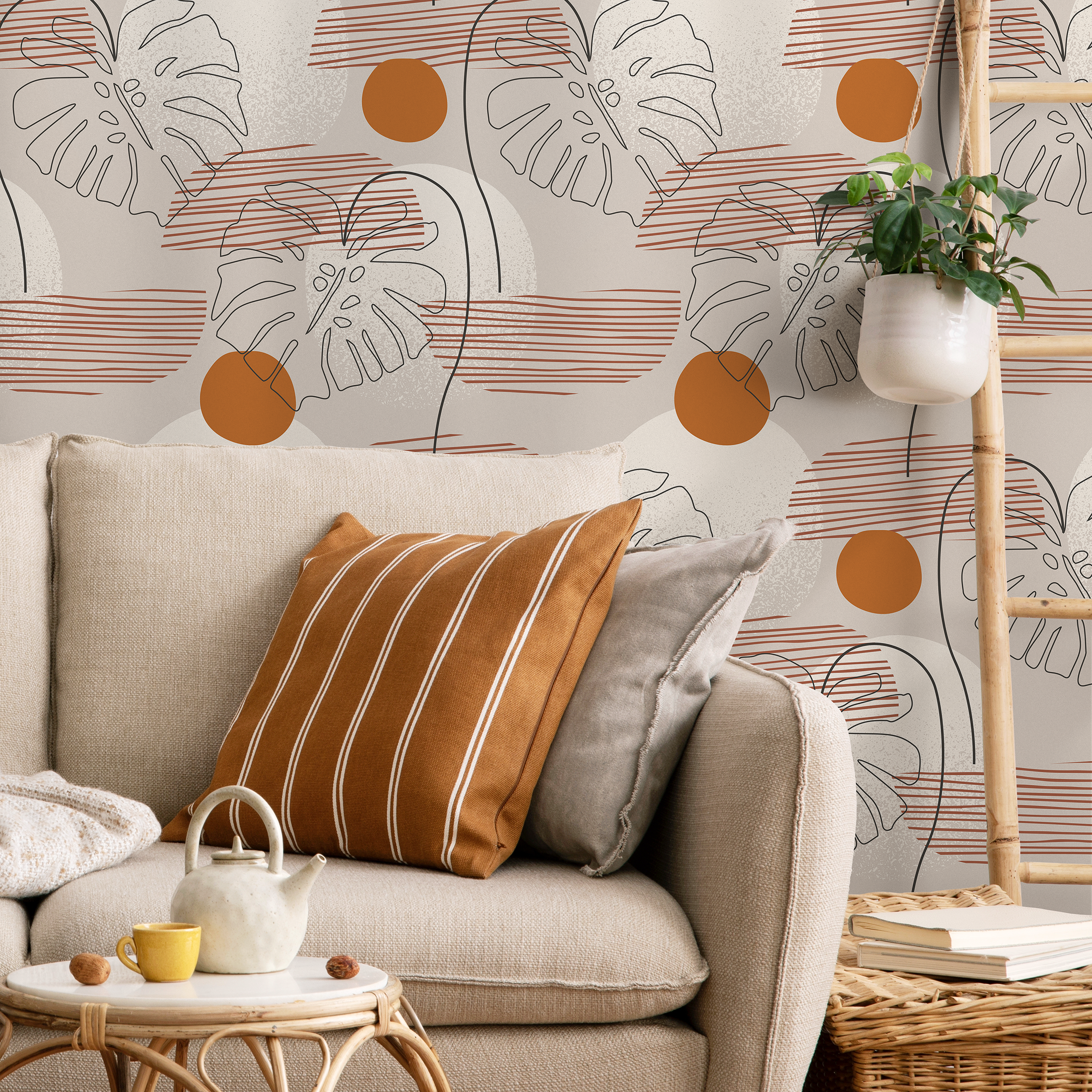 Botanical Wallpaper With Abstract Monstera Leaves In Terracotta And Black - B915