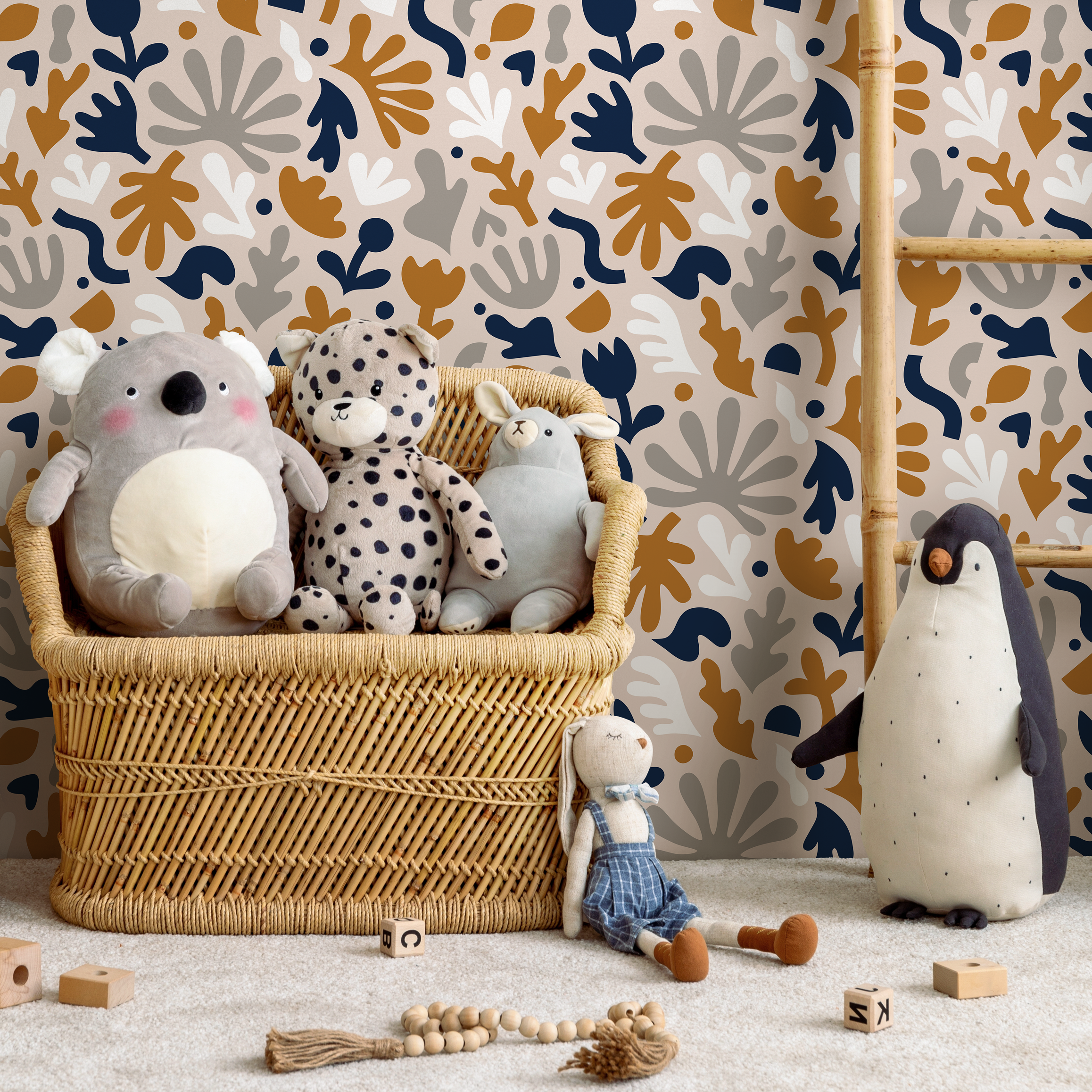 Scandinavian Wallpaper With Abstract Botanicals In Navy, Ochre, And Gray - B916