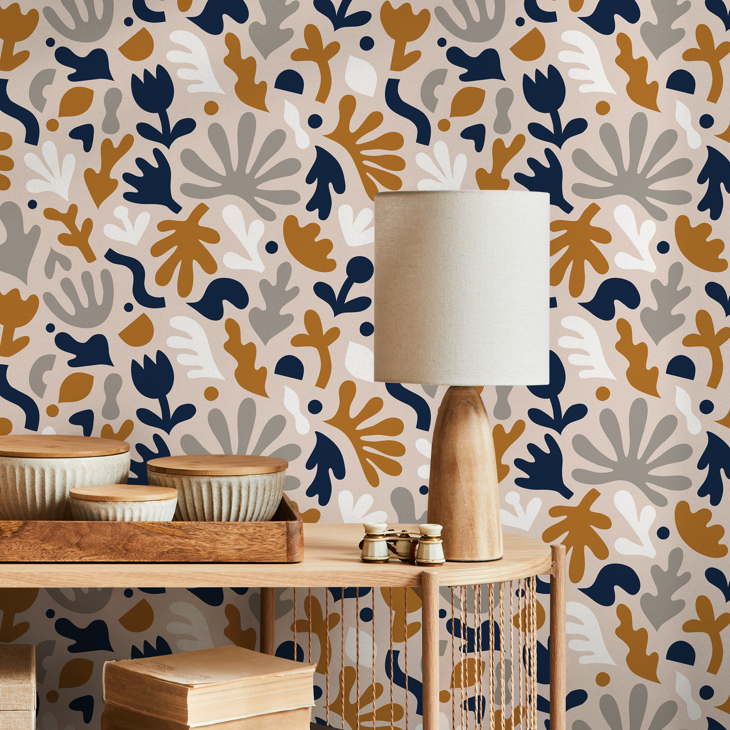 Scandinavian Wallpaper With Abstract Botanicals In Navy, Ochre, And Gray - B916