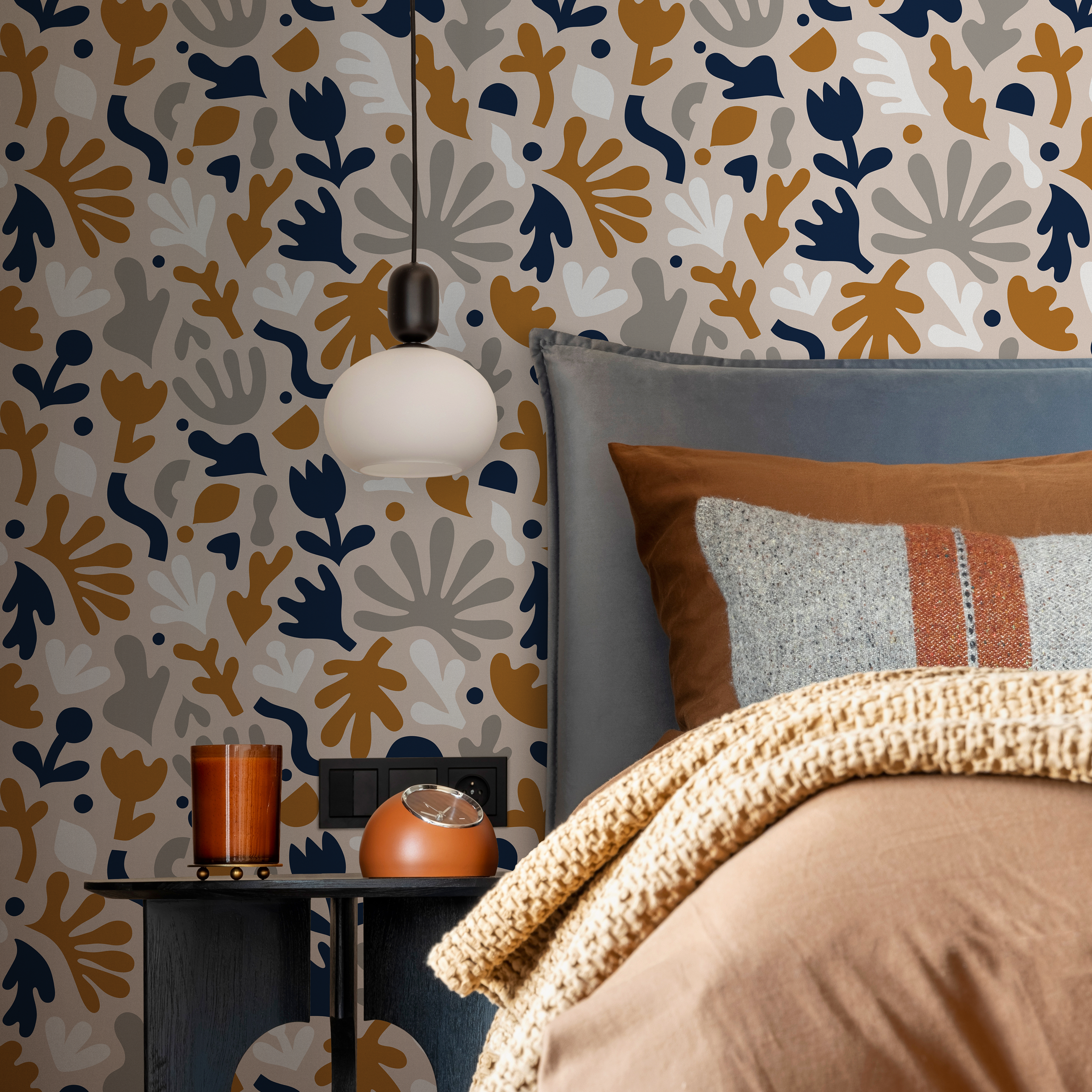 Scandinavian Wallpaper With Abstract Botanicals In Navy, Ochre, And Gray - B916
