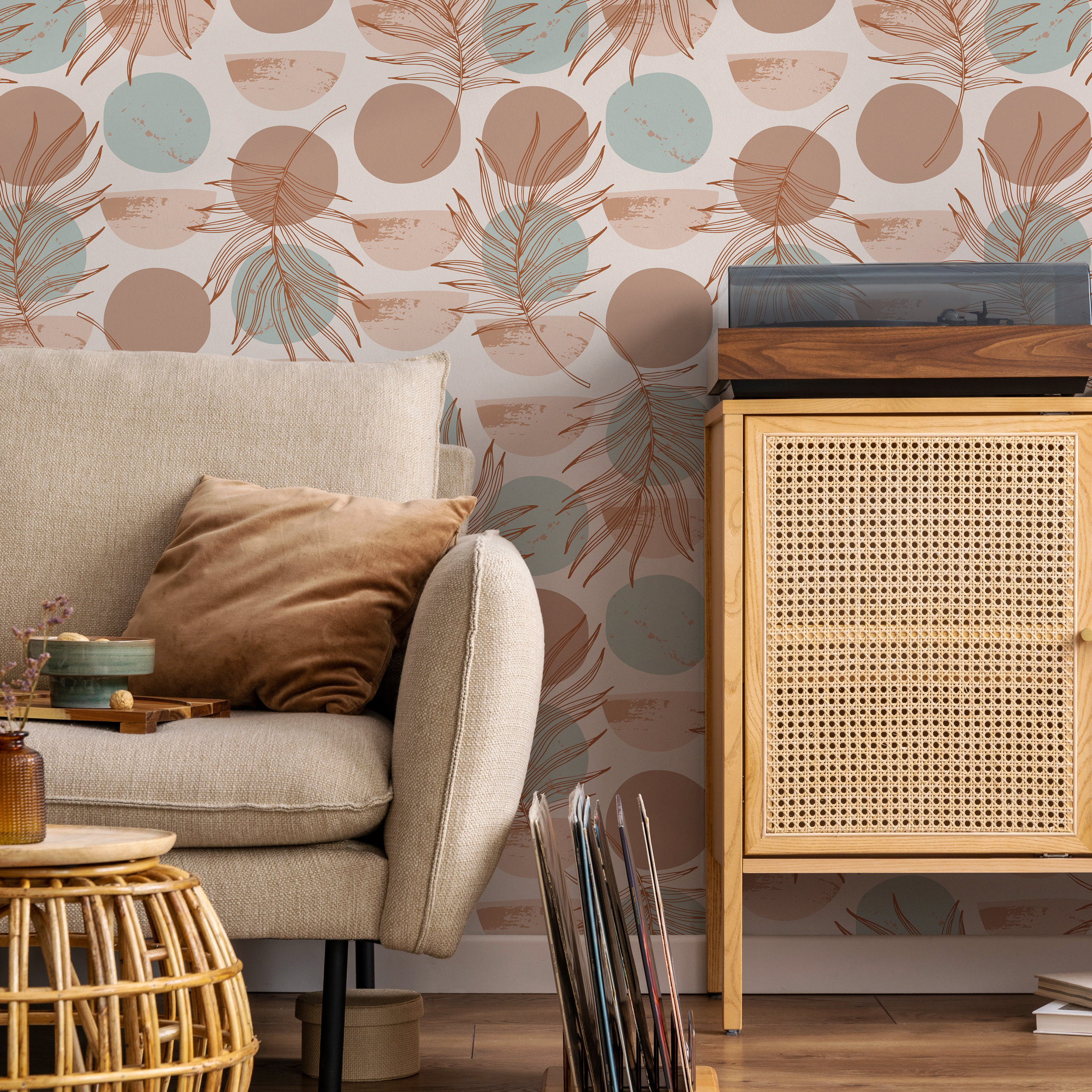 Abstract Wallpaper With Palm Fronds And Circles In Terracotta And Blue - B918