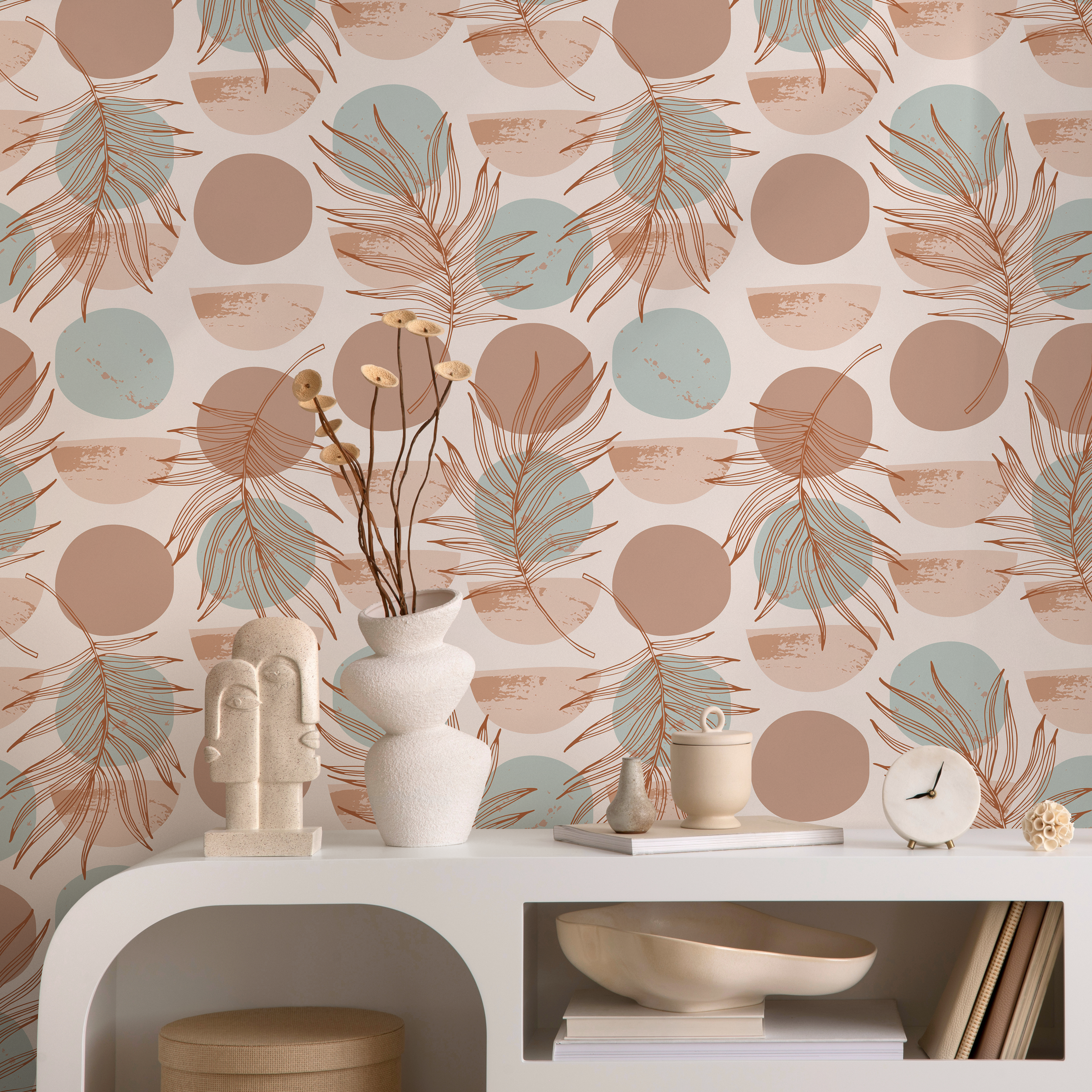 Abstract Wallpaper With Palm Fronds And Circles In Terracotta And Blue - B918