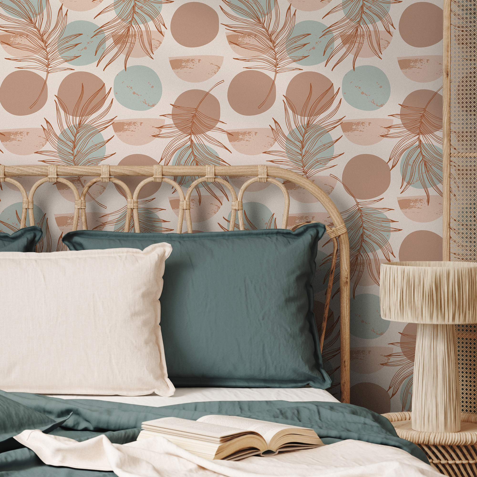 Abstract Wallpaper With Palm Fronds And Circles In Terracotta And Blue - B918