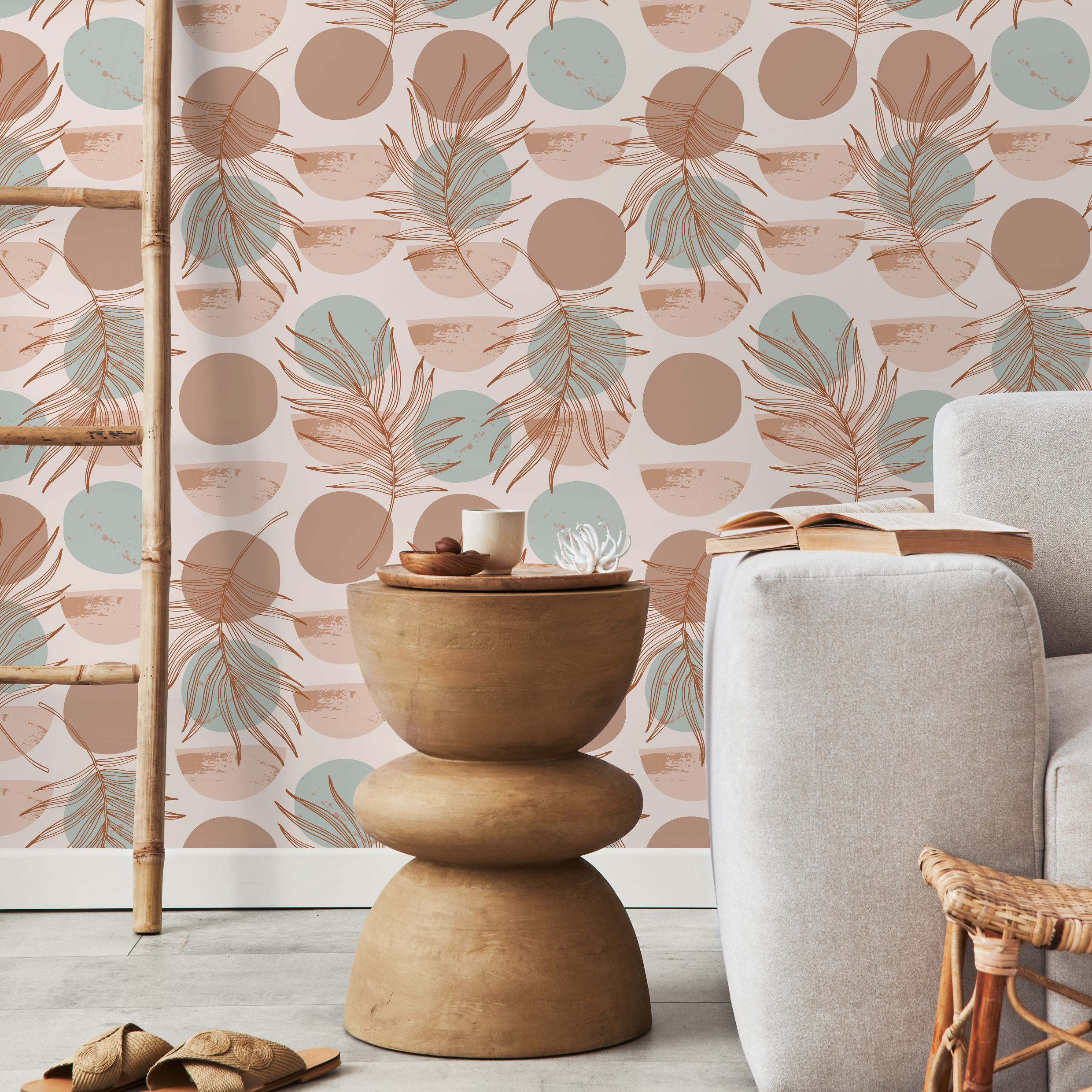 Abstract Wallpaper With Palm Fronds And Circles In Terracotta And Blue - B918