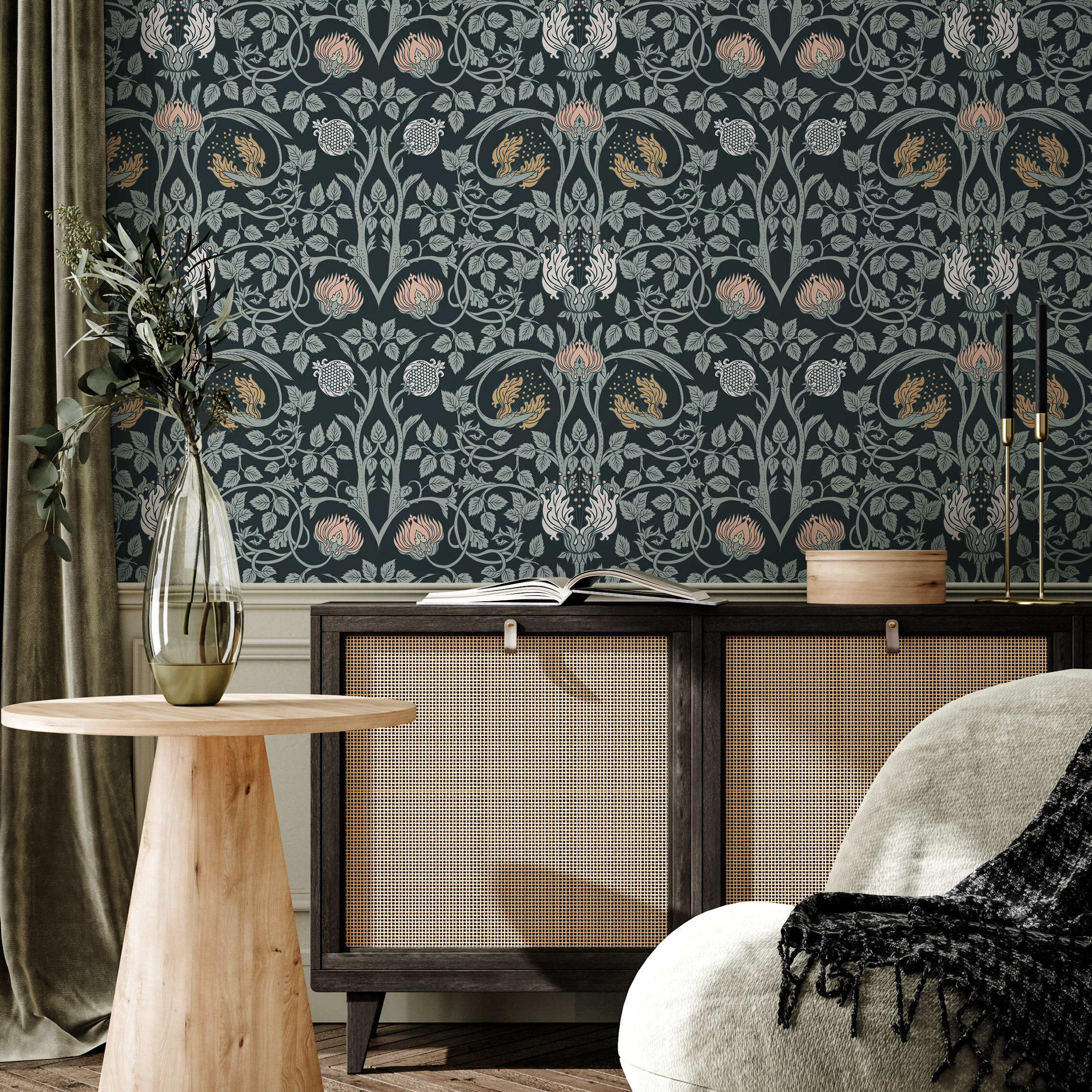 Art Nouveau Wallpaper With A Pomegranate And Floral Motif In Black, Pink, And Gold - B920