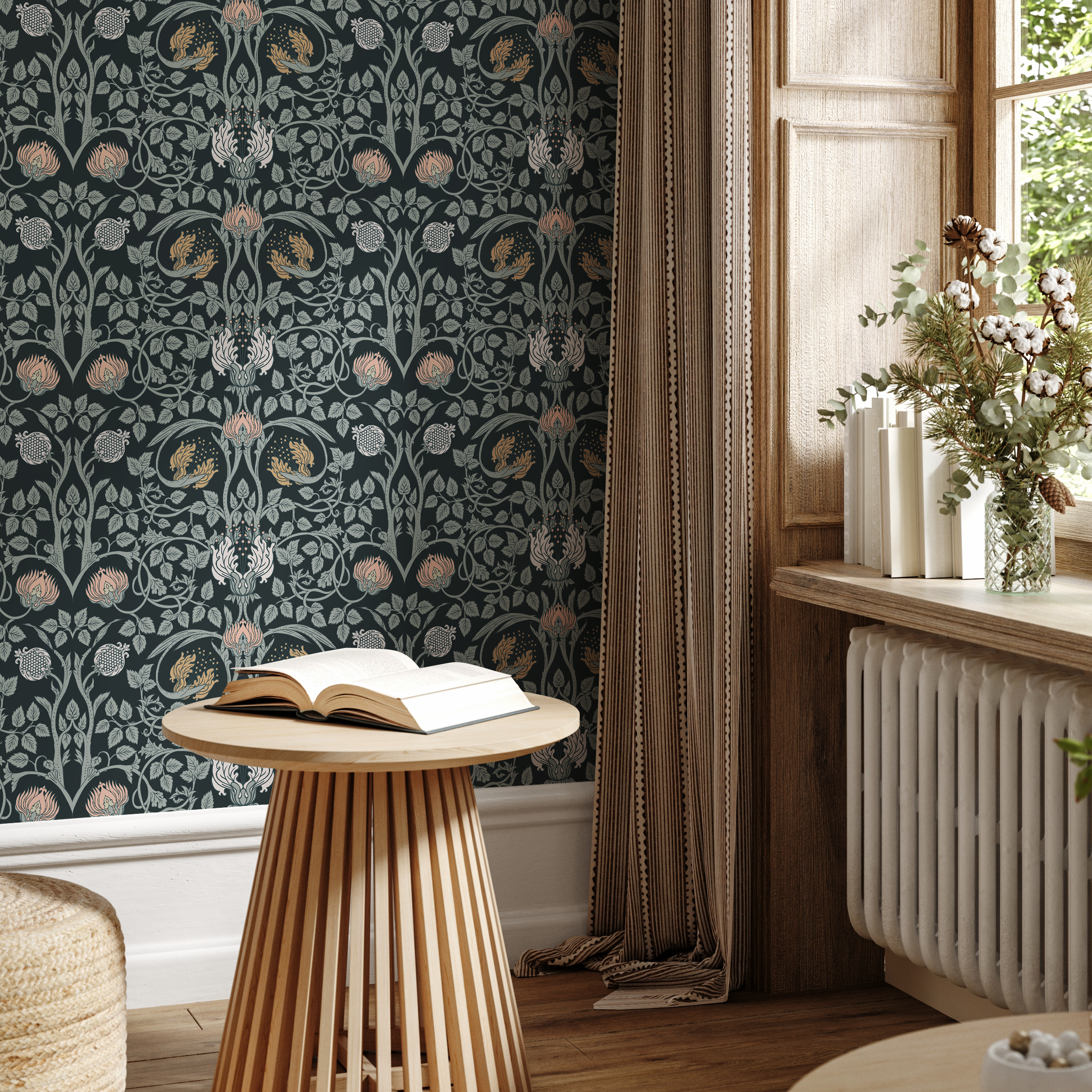Art Nouveau Wallpaper With A Pomegranate And Floral Motif In Black, Pink, And Gold - B920