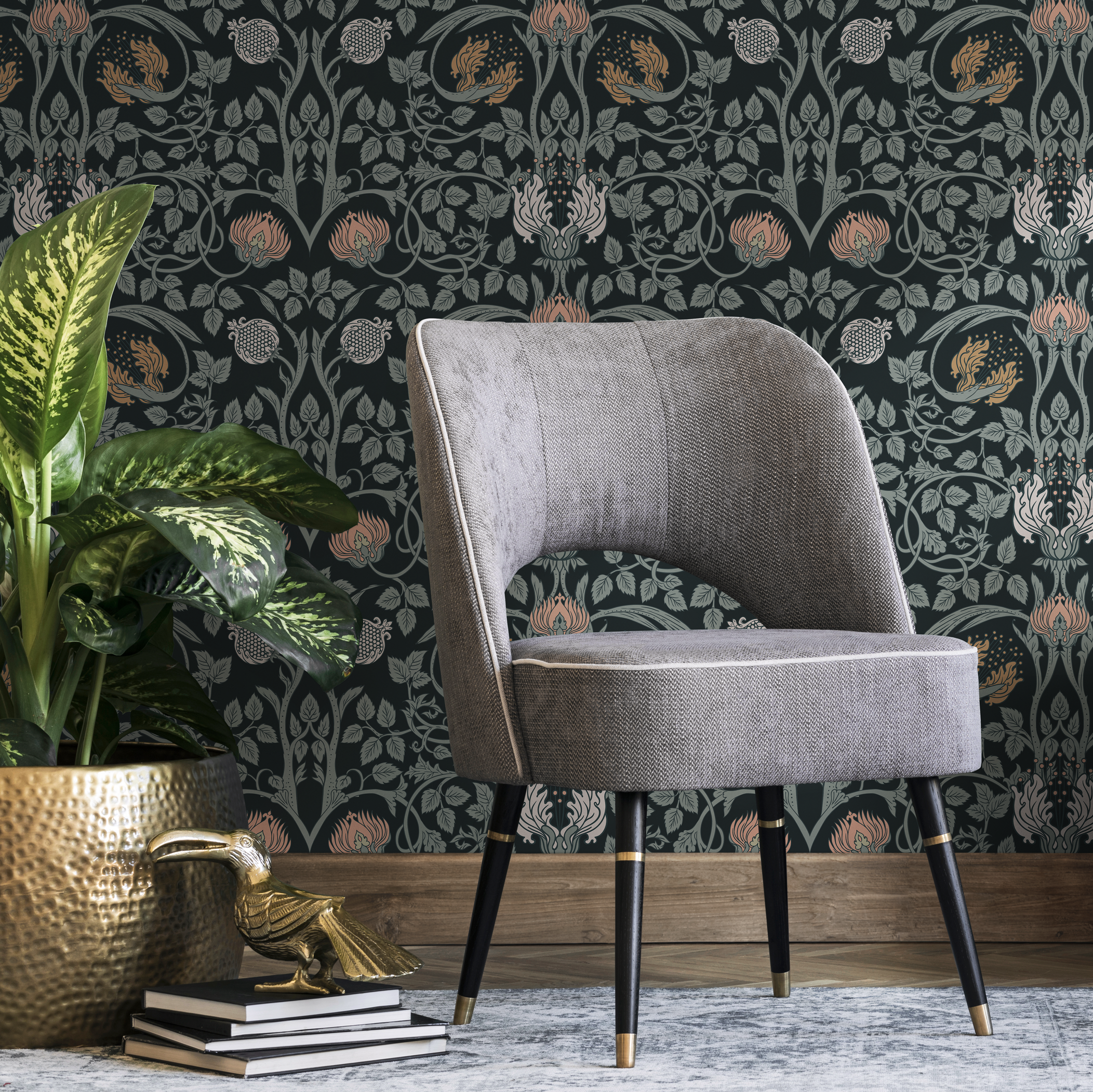 Art Nouveau Wallpaper With A Pomegranate And Floral Motif In Black, Pink, And Gold - B920