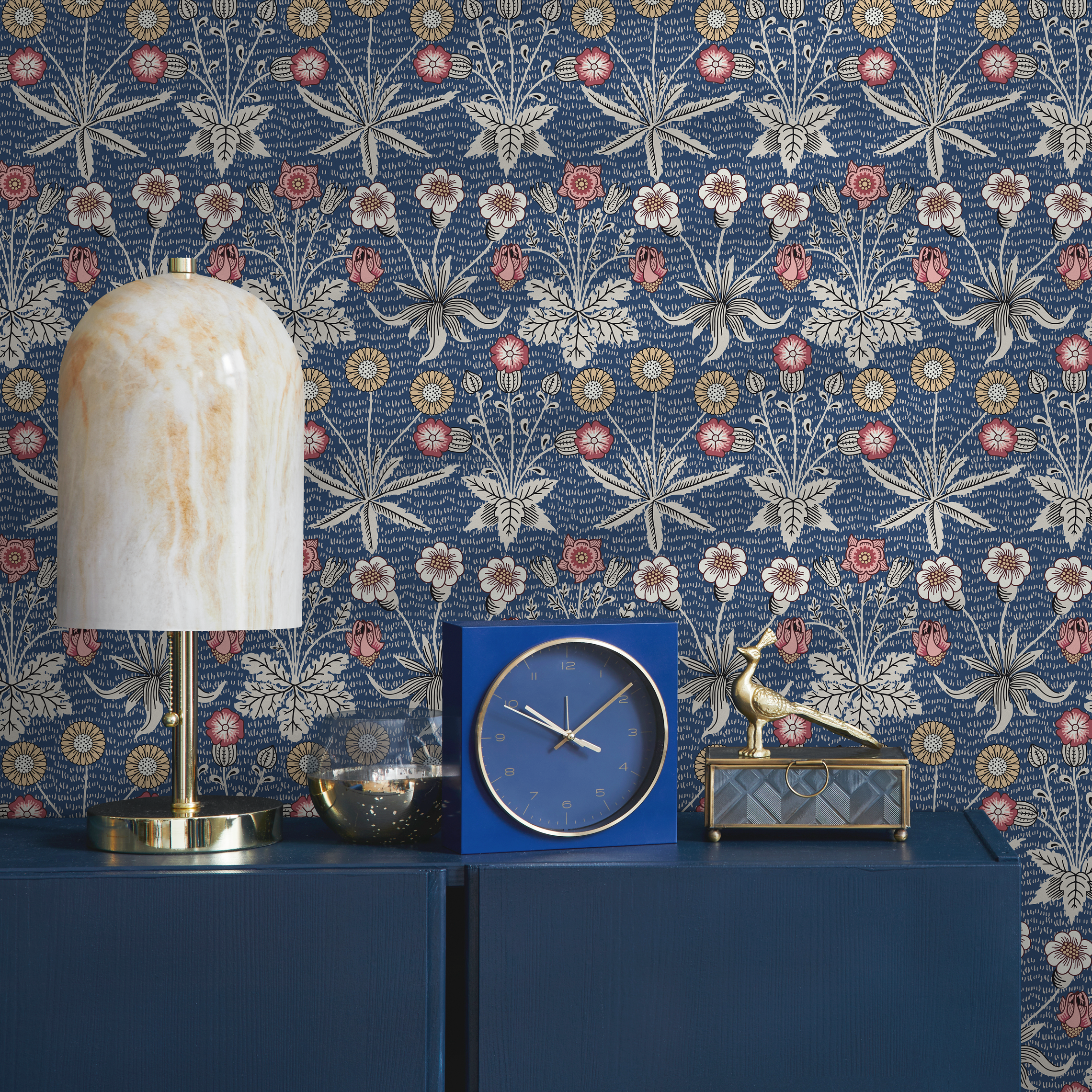 Vintage Floral Wallpaper Featuring Intricate Stylized Flowers In Blue, Red, And Yellow - B922
