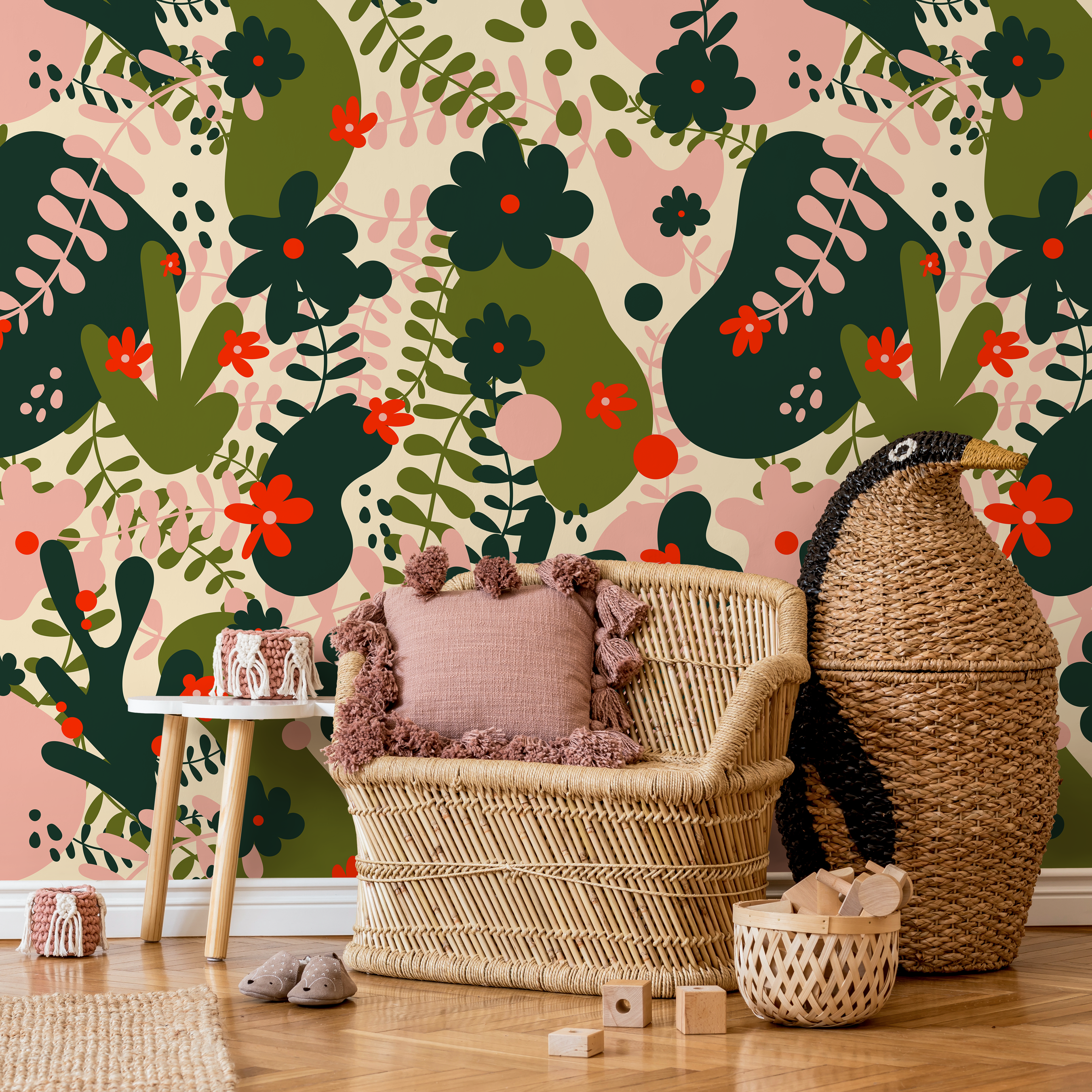 Abstract Floral Wallpaper With Organic Blooms In Green, Pink, And Red - B927