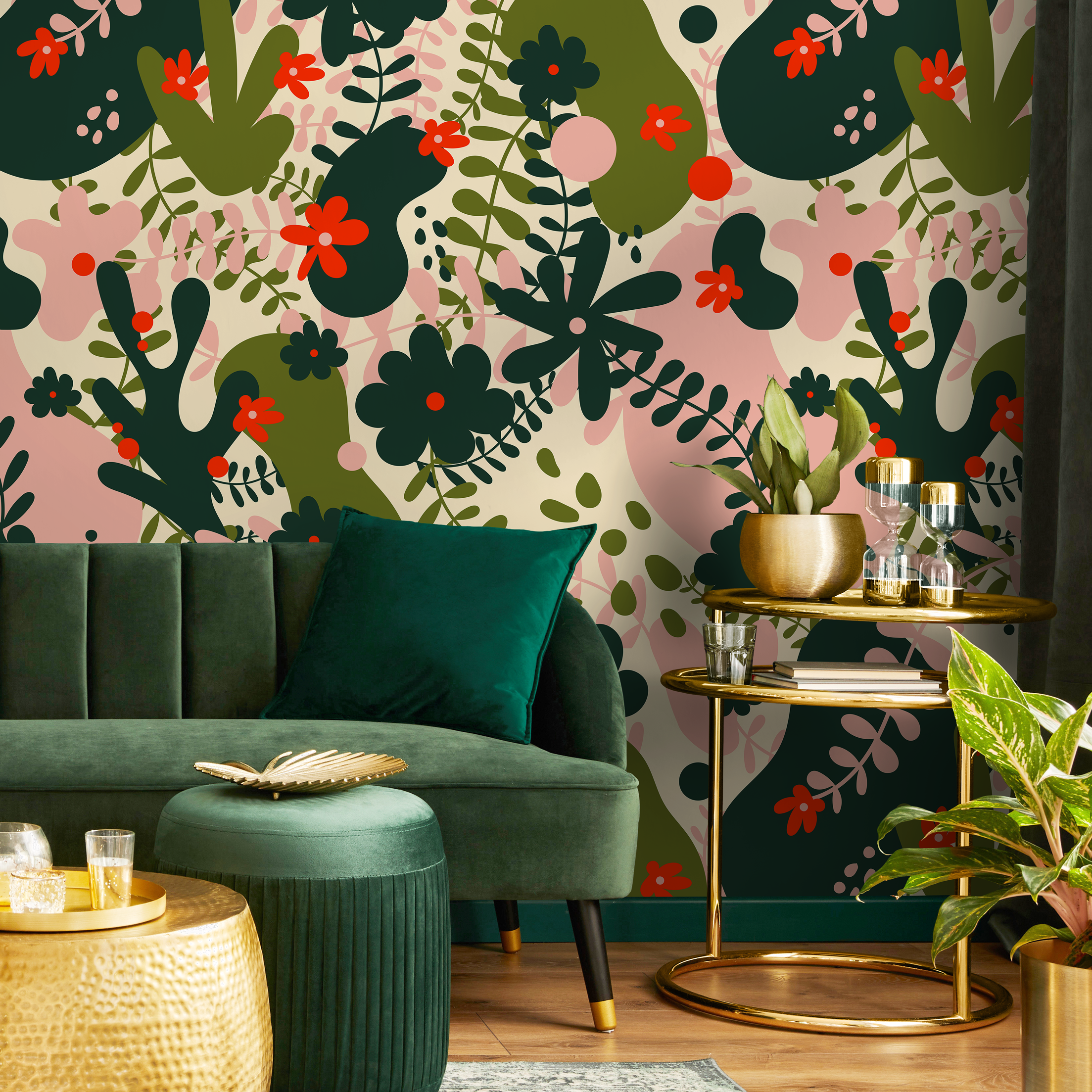 Abstract Floral Wallpaper With Organic Blooms In Green, Pink, And Red - B927