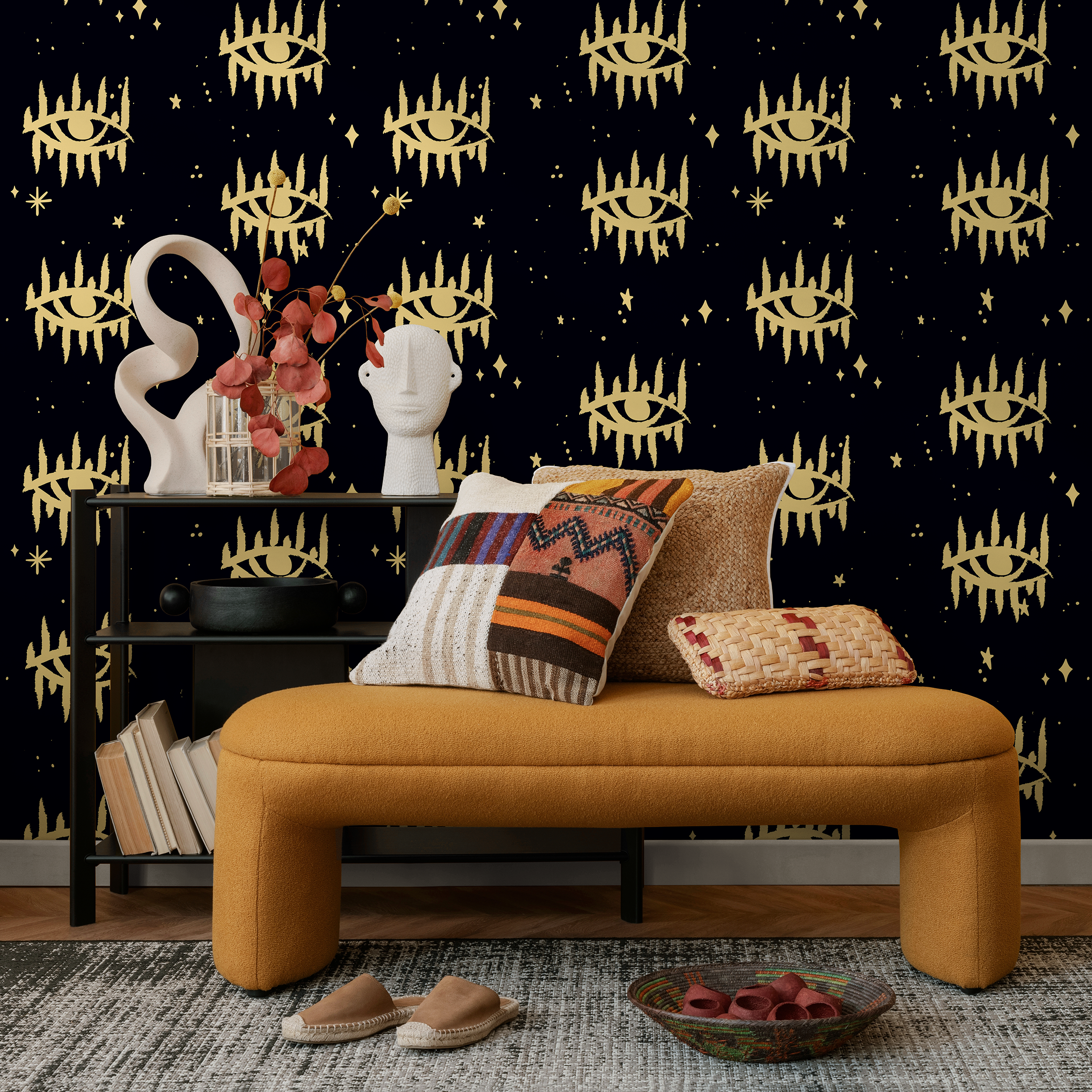 Mystical Wallpaper With A Celestial Eye And Star Motif In Gold And Black - As2-b931