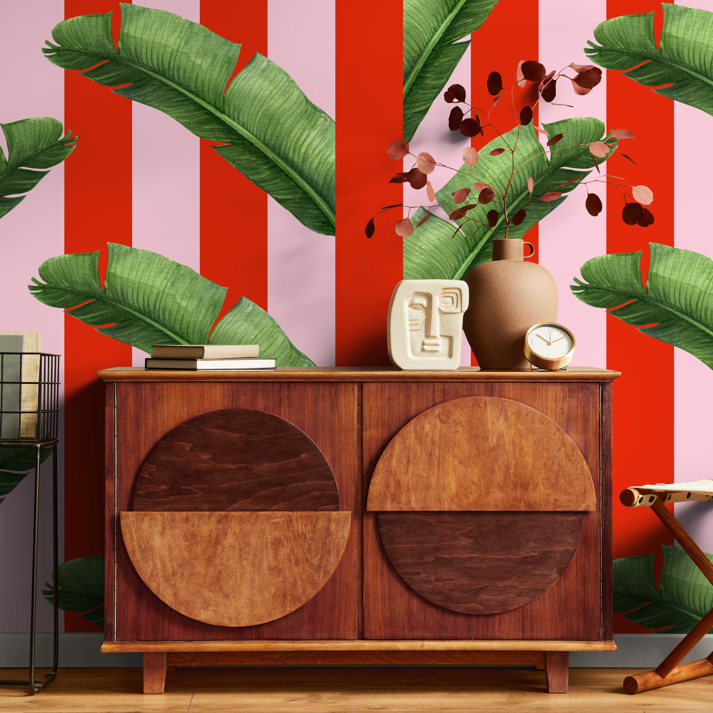 Tropical Wallpaper With Bold Stripes And Banana Leaves In Red, Pink, And Green - As2-b932