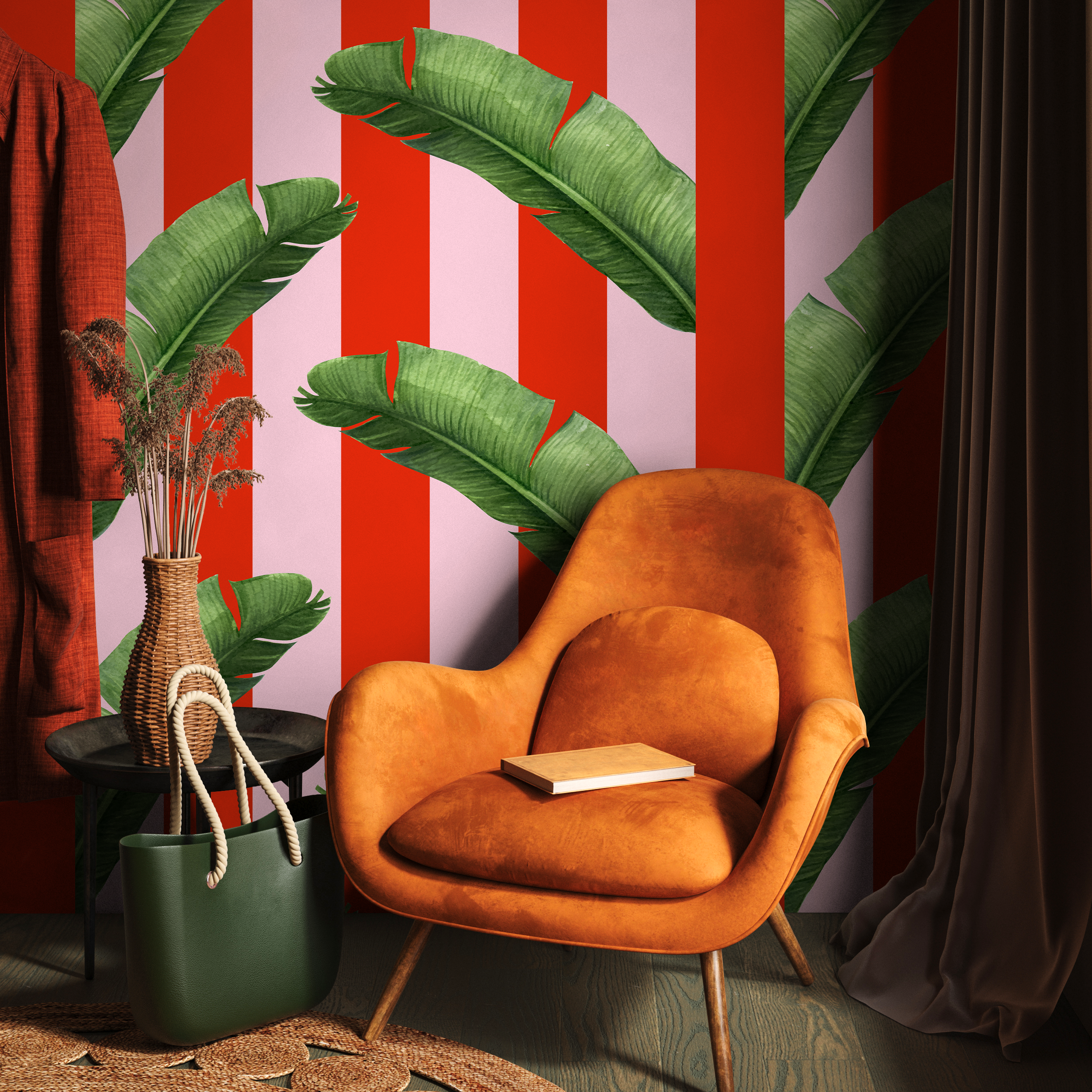 Tropical Wallpaper With Bold Stripes And Banana Leaves In Red, Pink, And Green - As2-b932