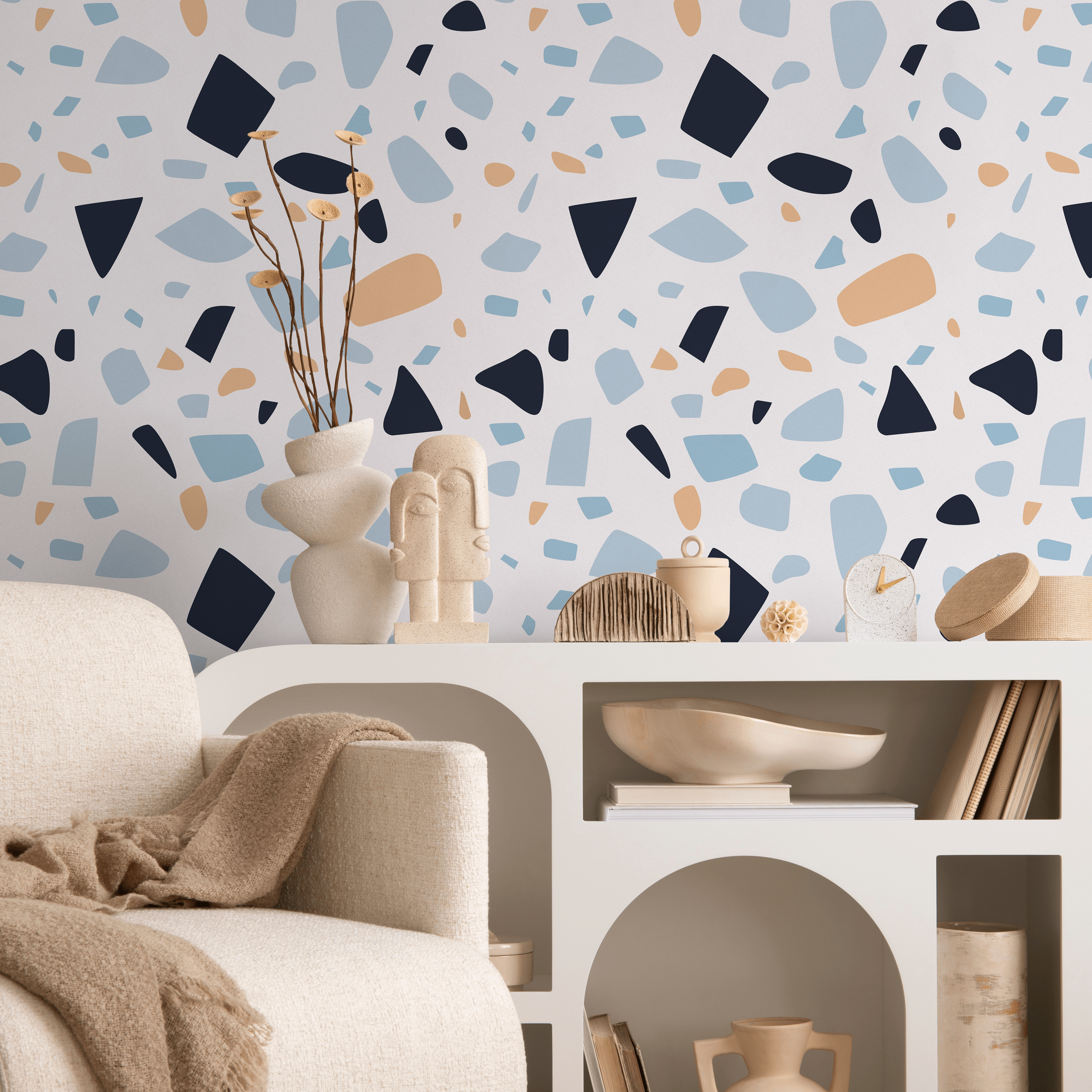 Terrazzo Wallpaper With Modern Abstract Shapes In Navy, Blue, And Beige - B934