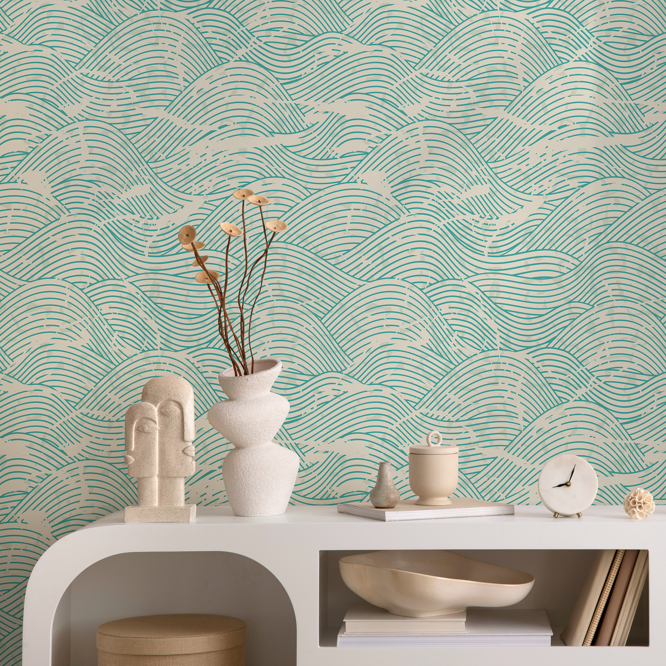 Coastal Wallpaper Featuring A Distressed Wave Motif In Teal And Beige - B935