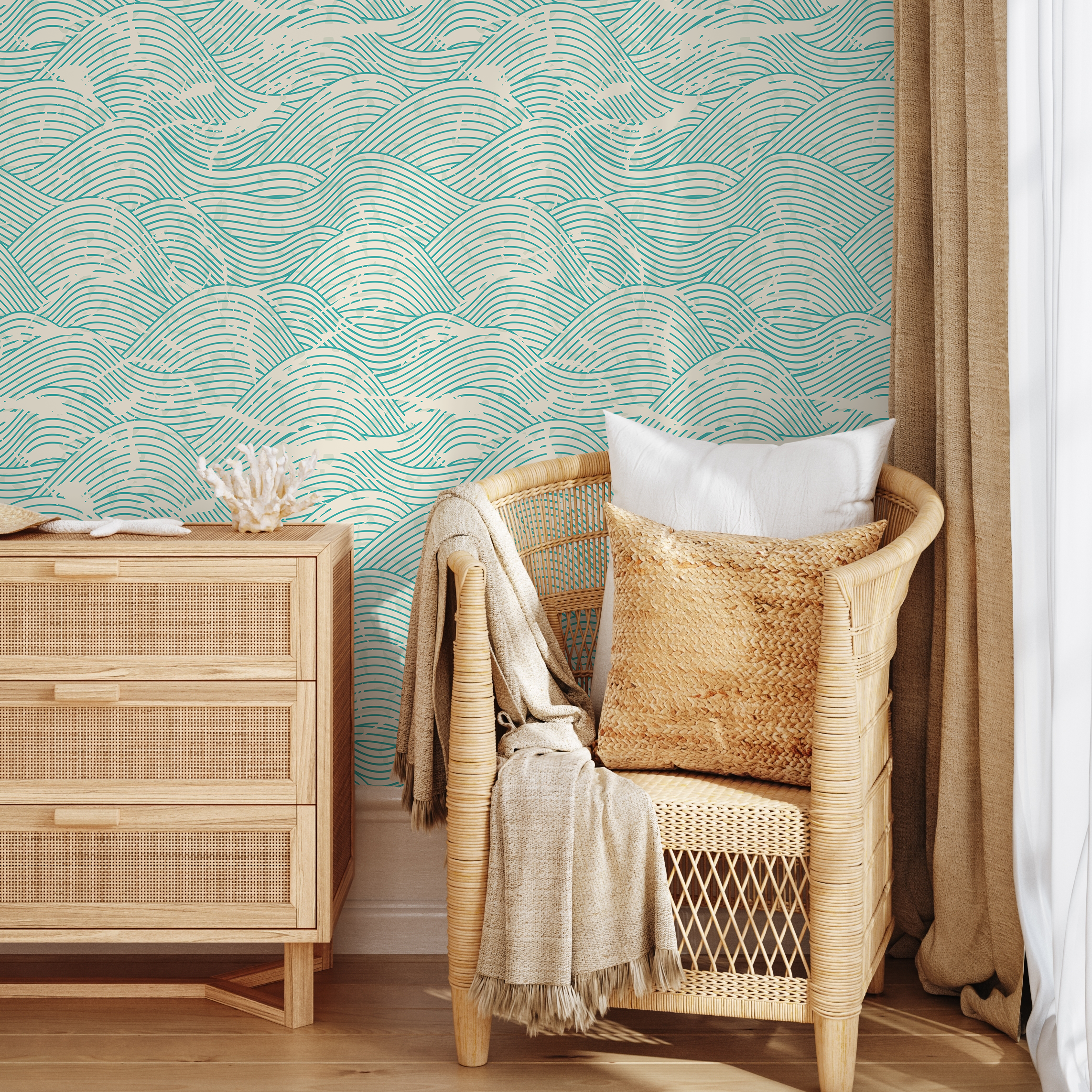 Coastal Wallpaper Featuring A Distressed Wave Motif In Teal And Beige - B935